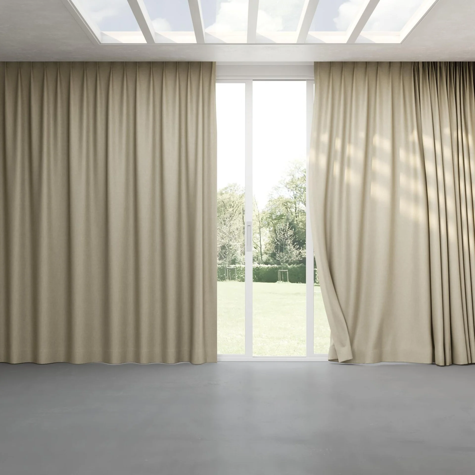 Full view of Perfecto Sand, pinch pleat