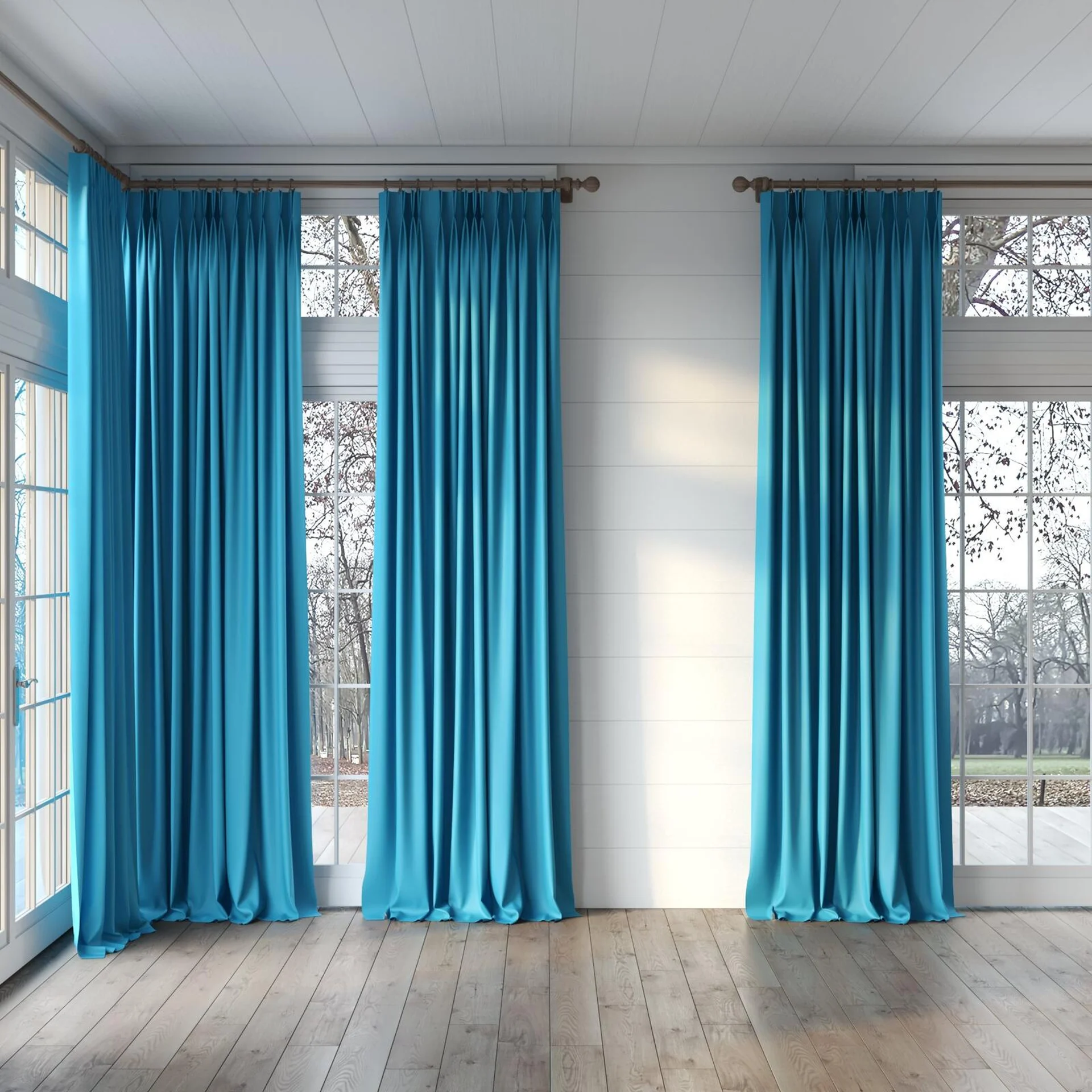 Full view of Ultra Dim Scuba, puddled, on curtain rod
