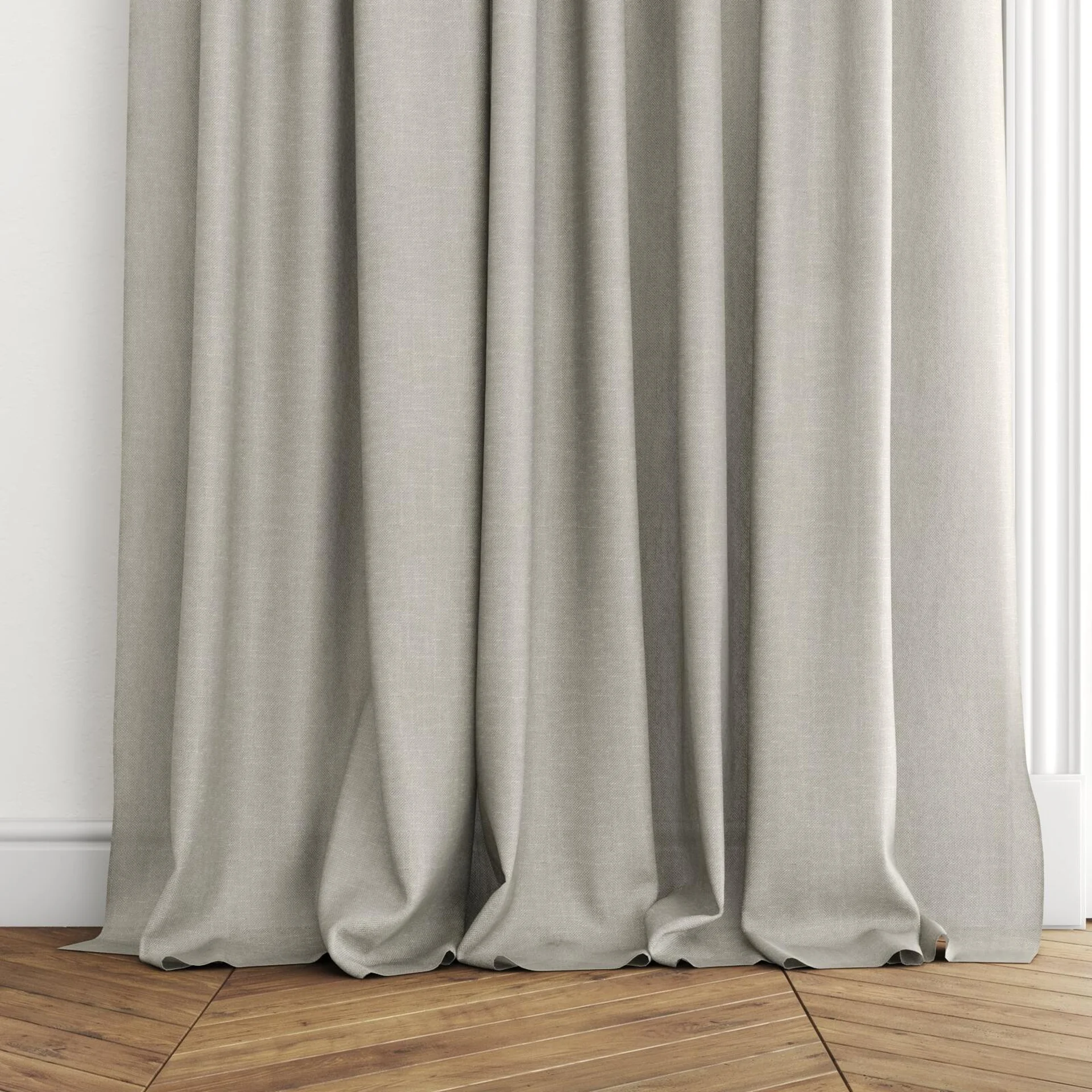 Bottom view of Lucidity Stone, puddled with pinch pleat, on curtain rod