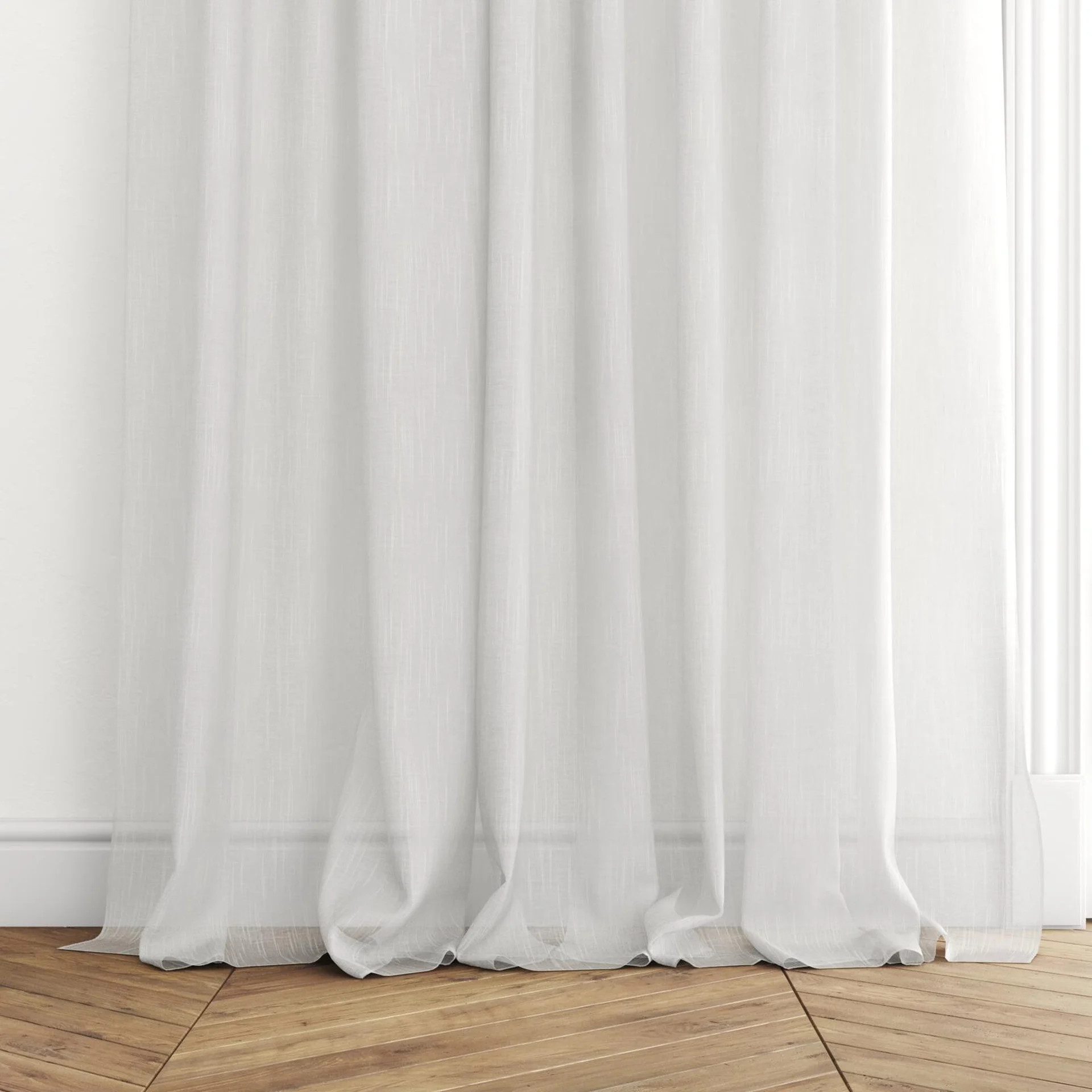 Bottom view of Rhythm Mist, puddled with pinch pleat, on curtain rod