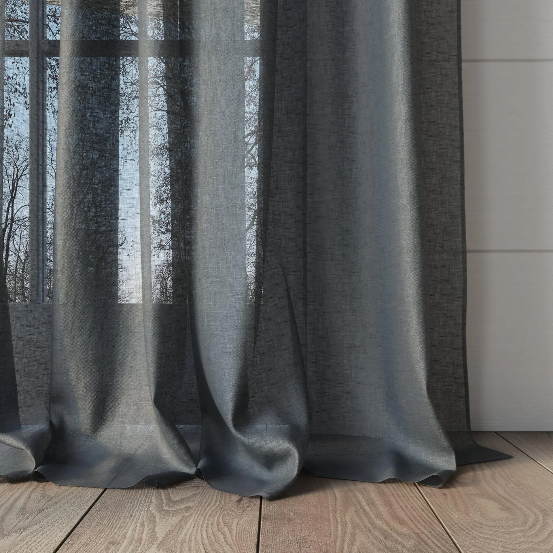 Bottom view of Kanso Stonewash Slate, puddled, on curtain rod