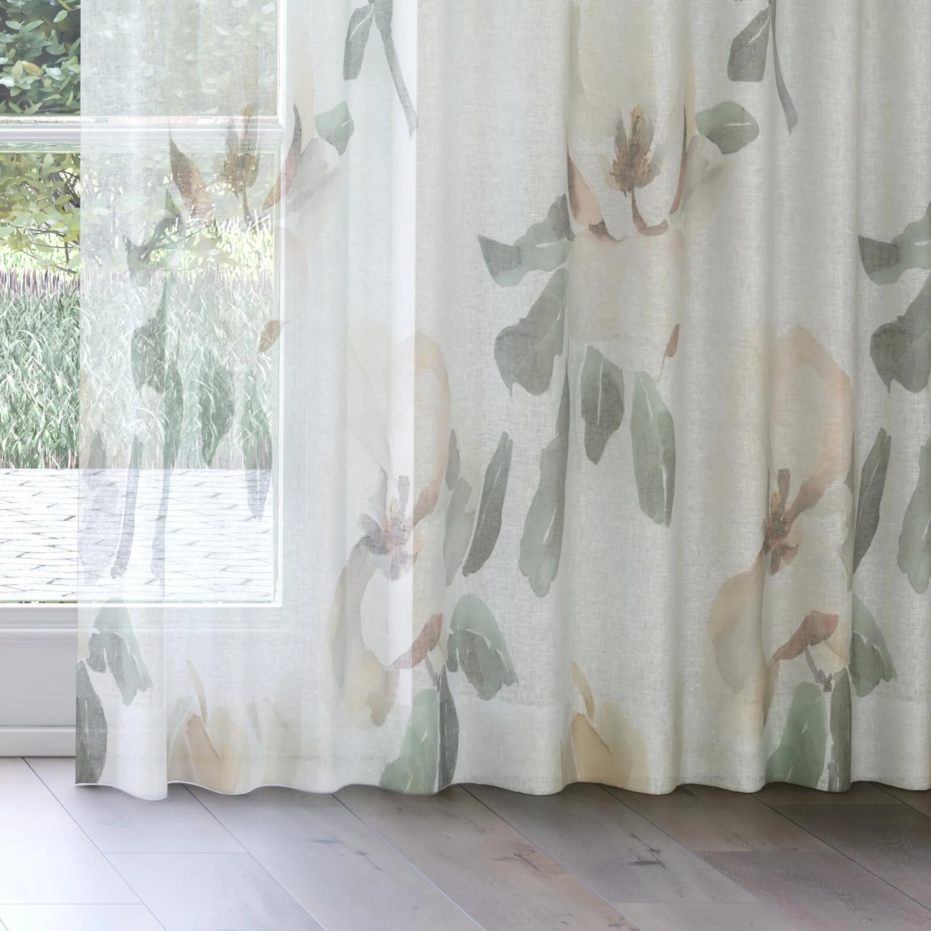 Bottom view of Magnolia Grande Sheer Cayenne, on curtain rail