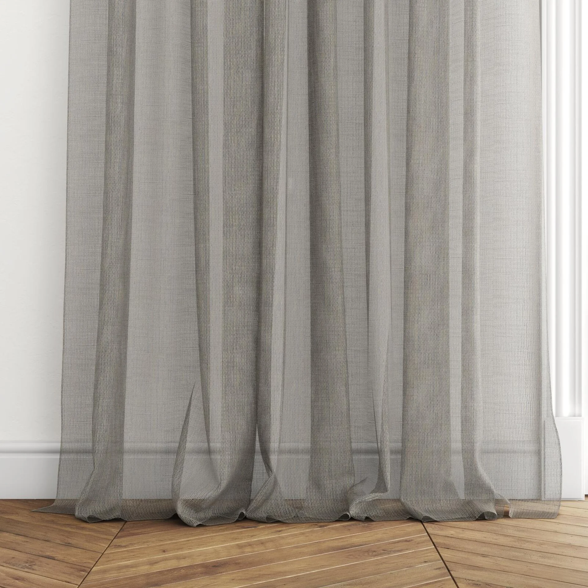 Bottom view of Radiant Metal, puddled with pinch pleat, on curtain rod