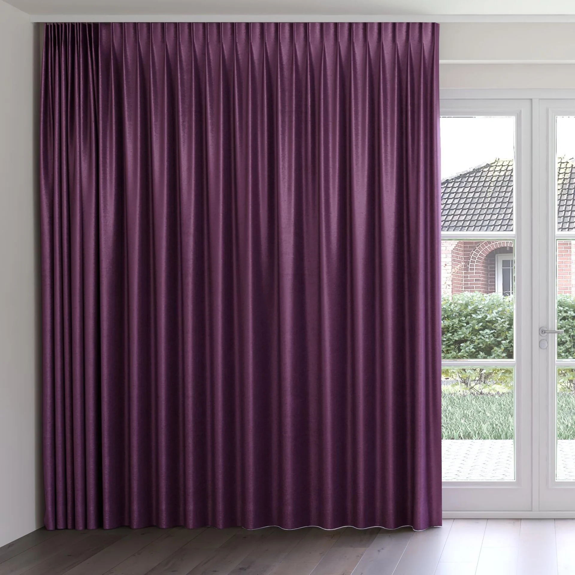 Front view of Lambada Eggplant, on curtain rail