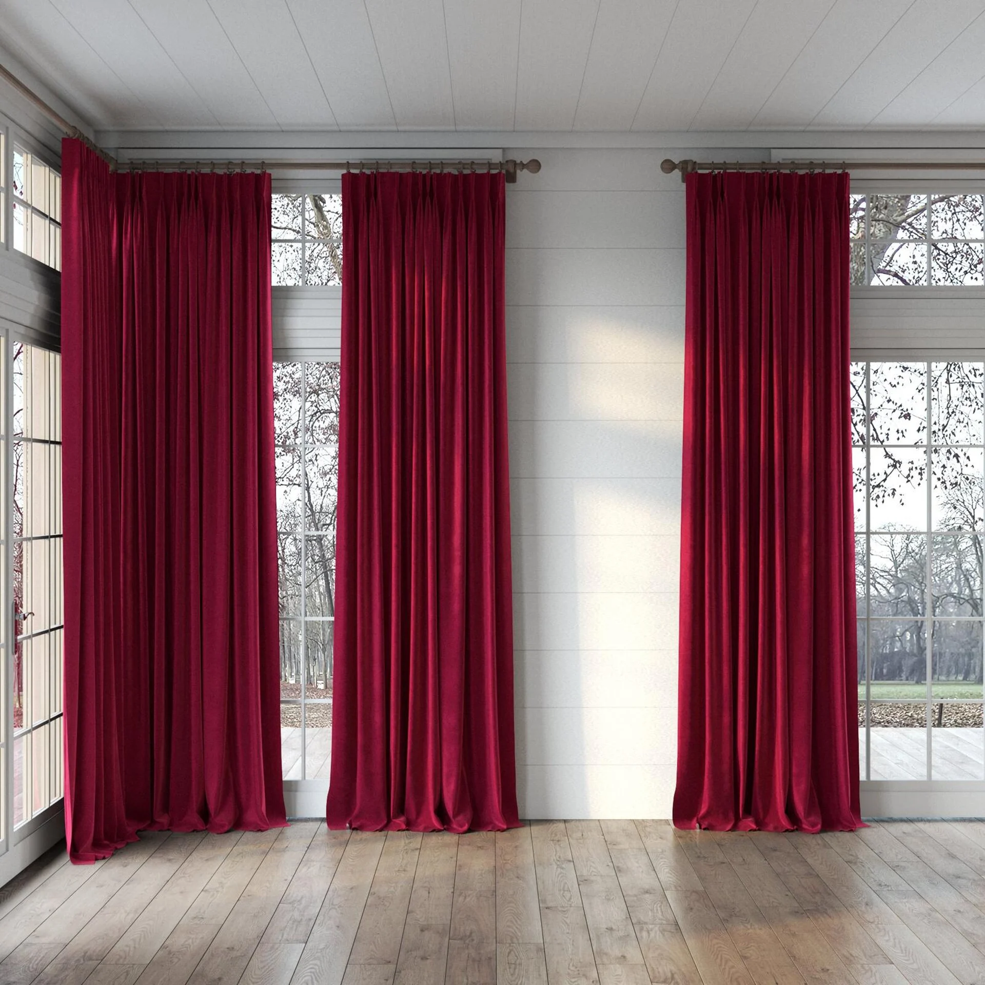 Full view of Velvelux Bordeaux, puddled, on curtain rod
