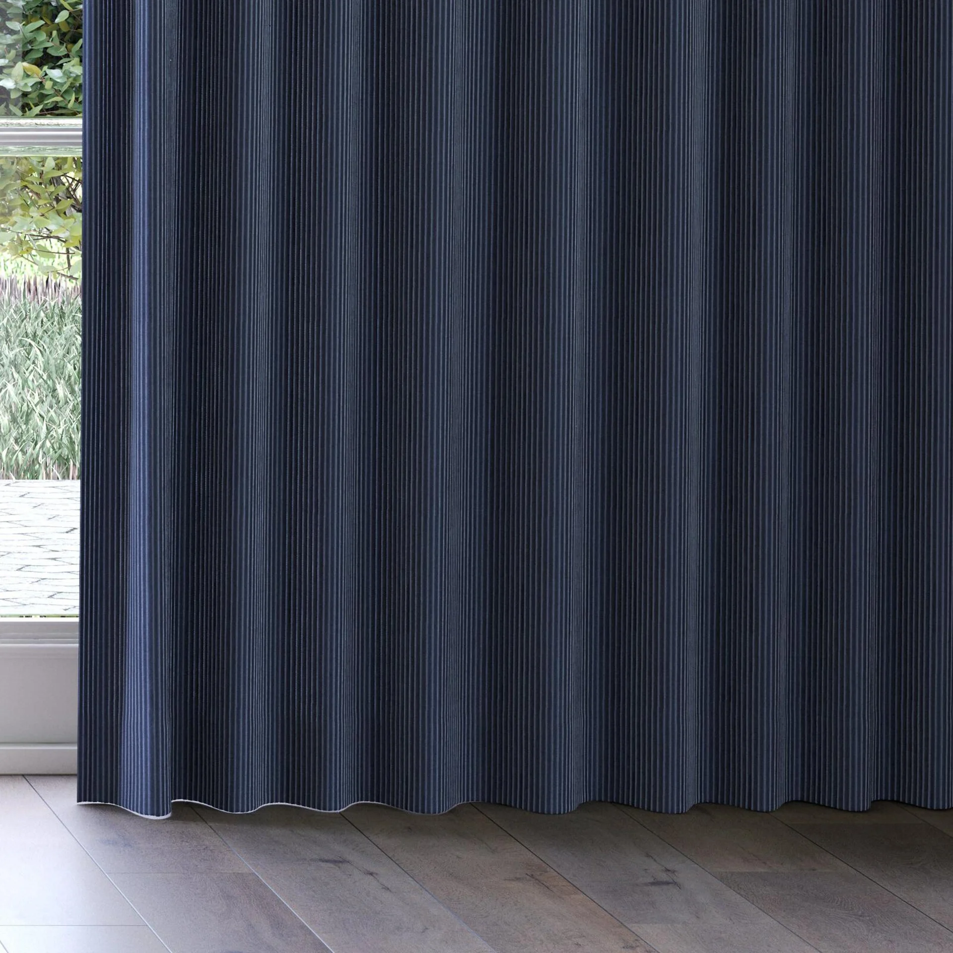 Bottom view of Embrace Navy, on curtain rail