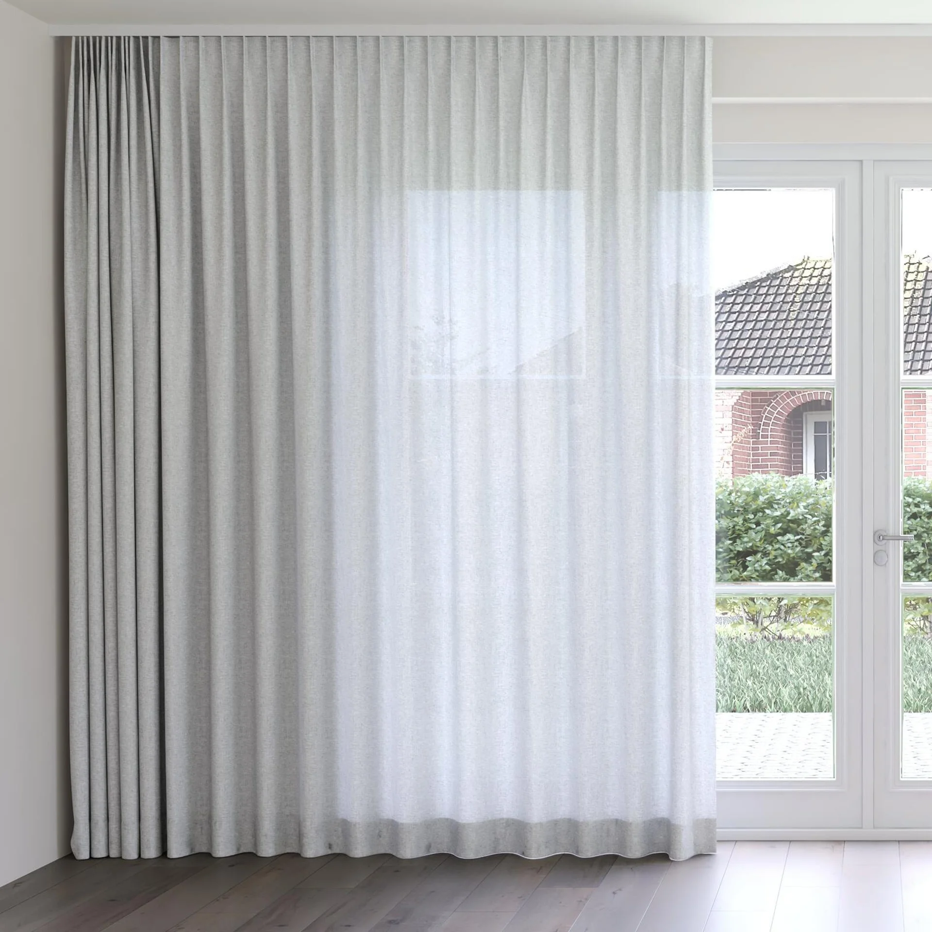 Front view of Envoy 2 Cement 320cm, on curtain rail