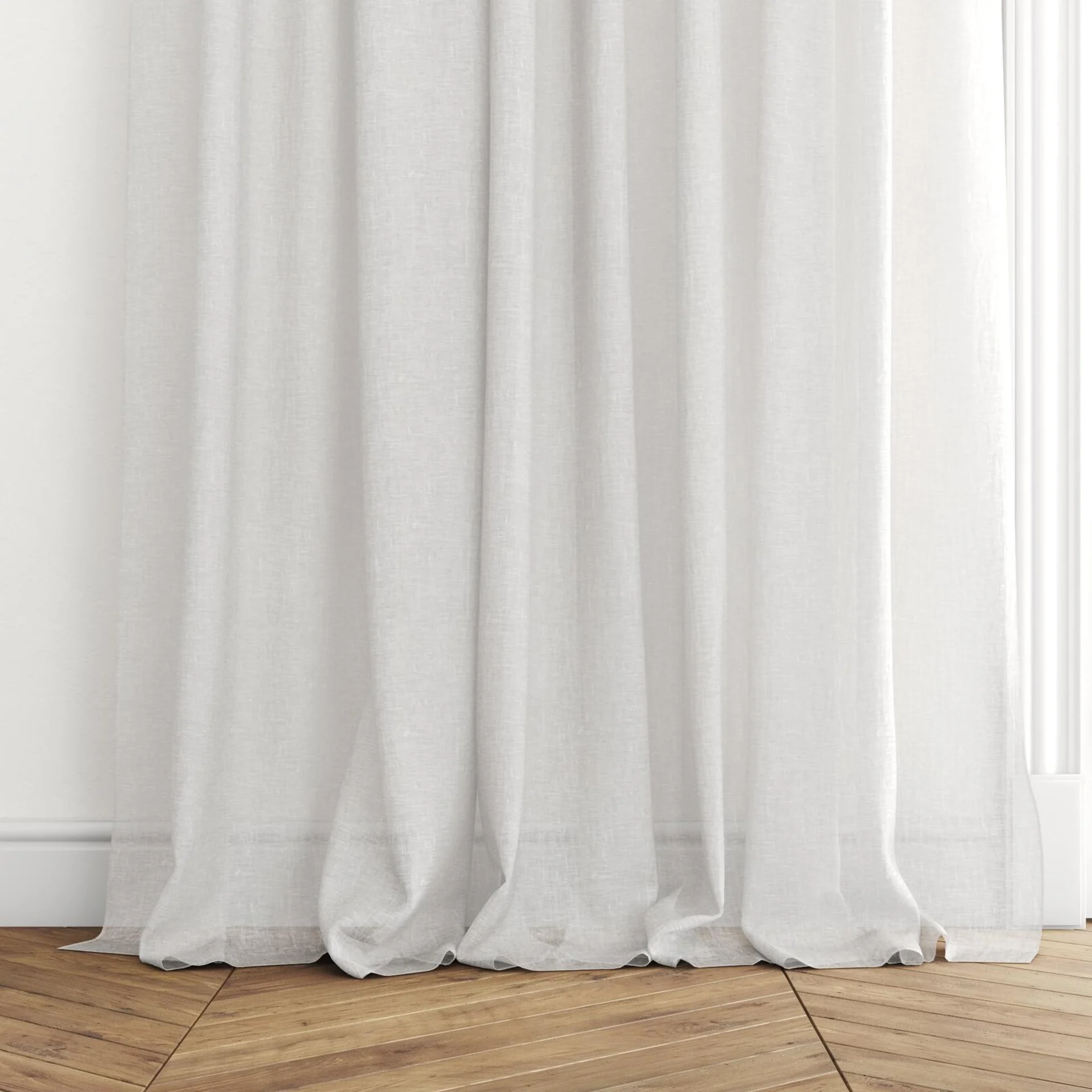 Bottom view of Lino Whitewash, puddled with pinch pleat, on curtain rod