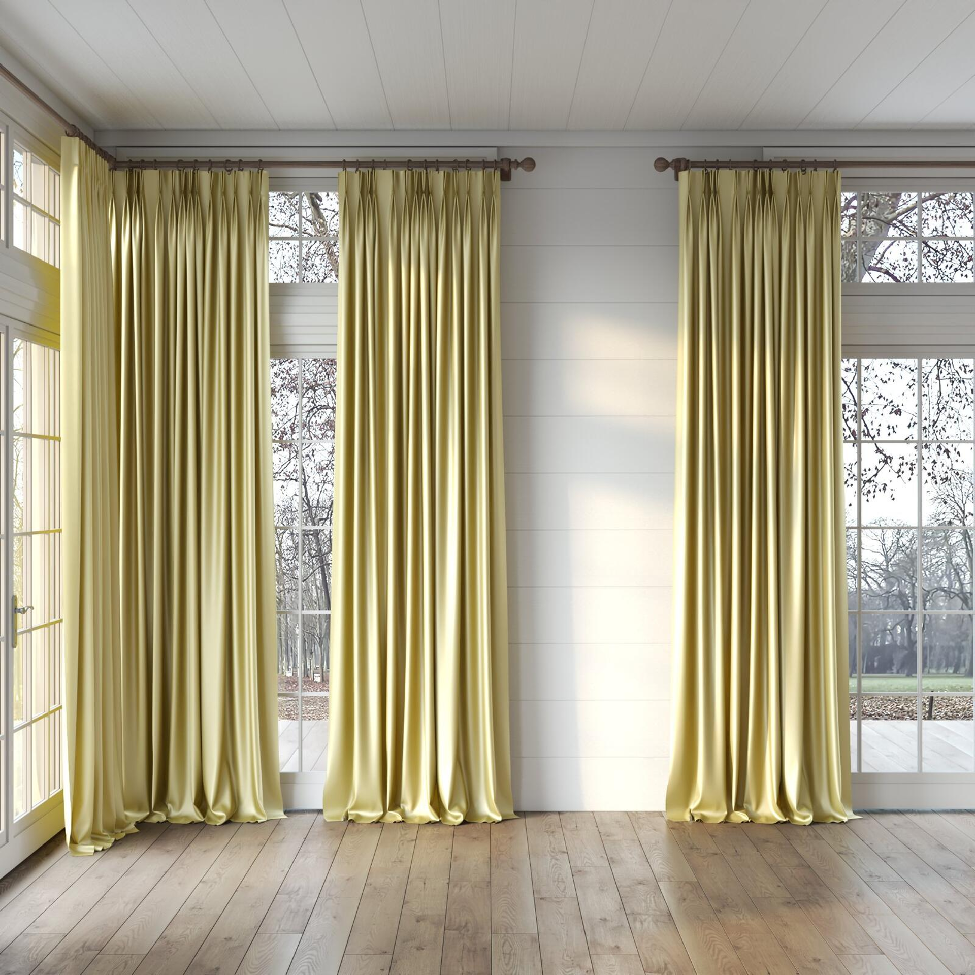 Full view of Moonbeam Straw, puddled, on curtain rod