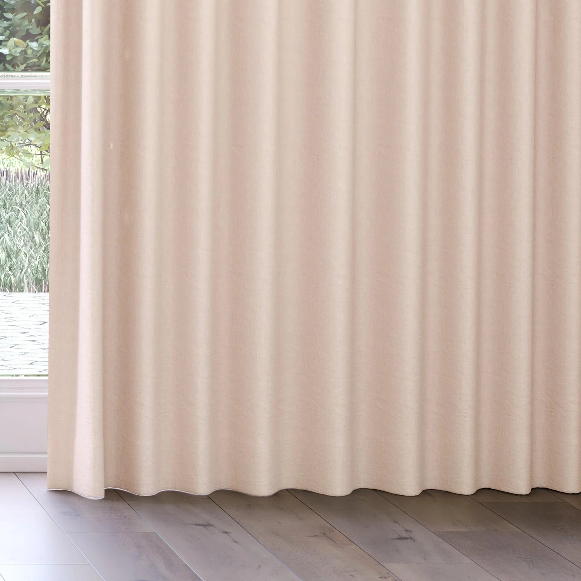 Bottom view of Obi Stonewash Peach, on curtain rail