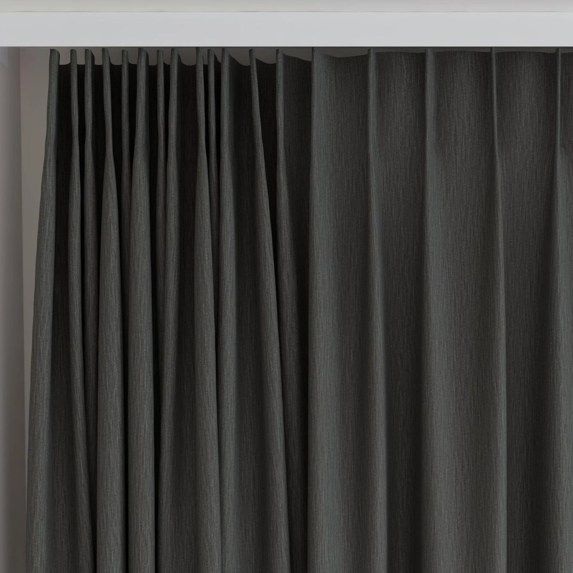 Top view of Tuxedo Charcoal, on curtain rail
