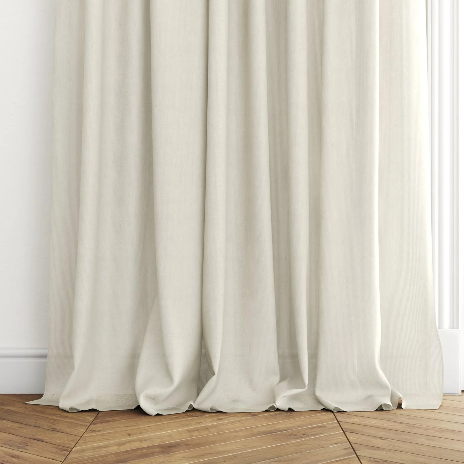 Bottom view of Breathtaking Linen, puddled with pinch pleat, on curtain rod