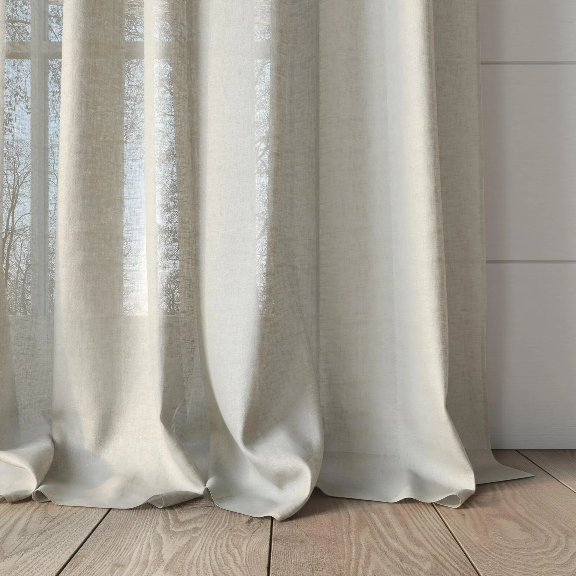Bottom view of Kanso Stonewash Linen, puddled, on curtain rod