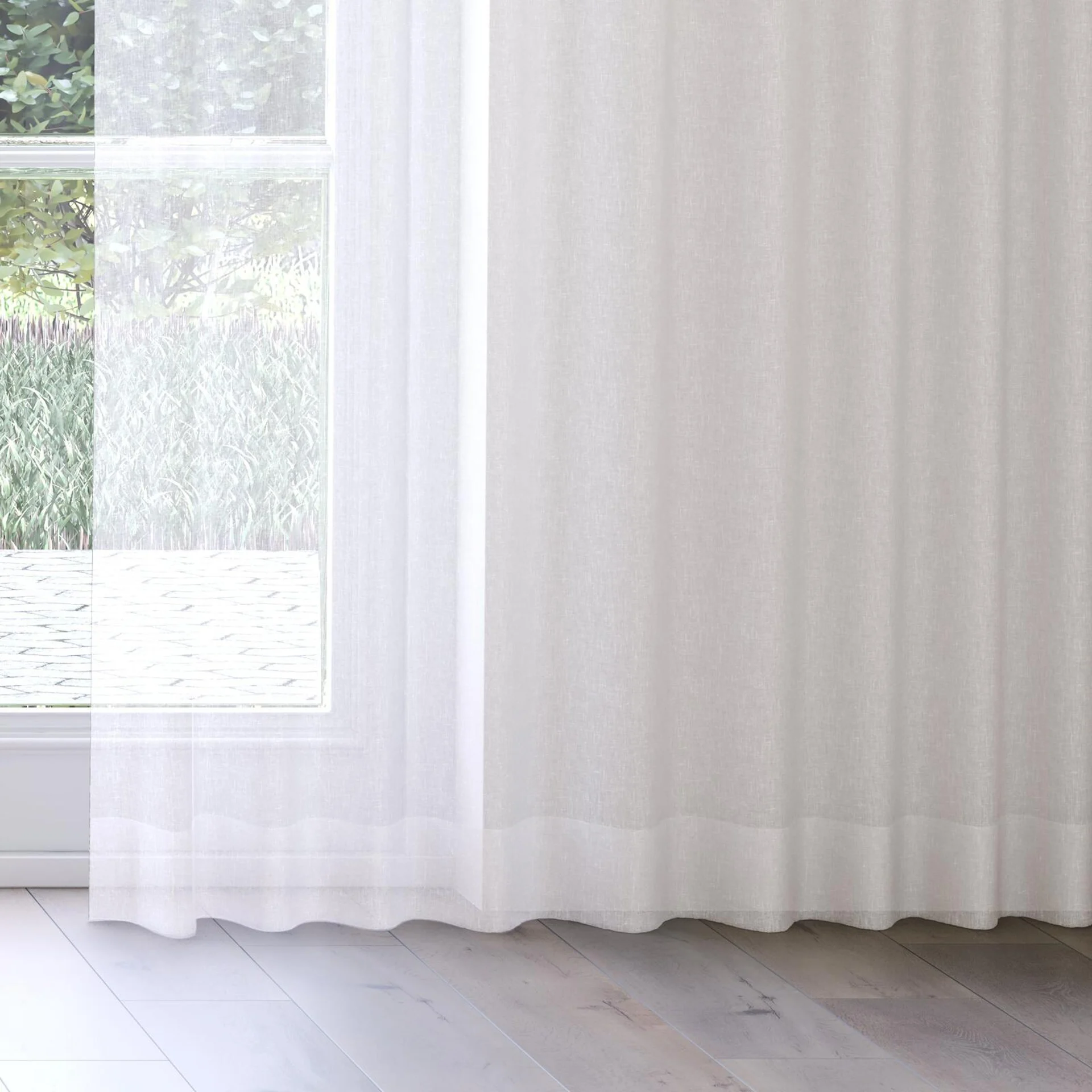 Bottom view of Tempest Calico, on curtain rail