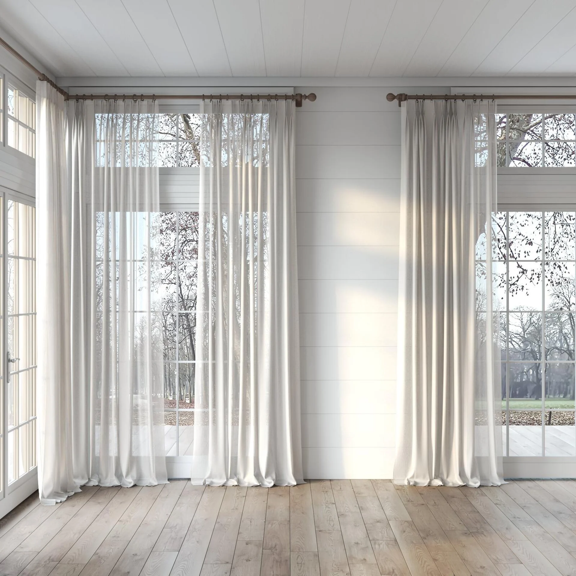 Full view of Alcova Chinchilla, puddled, on curtain rod