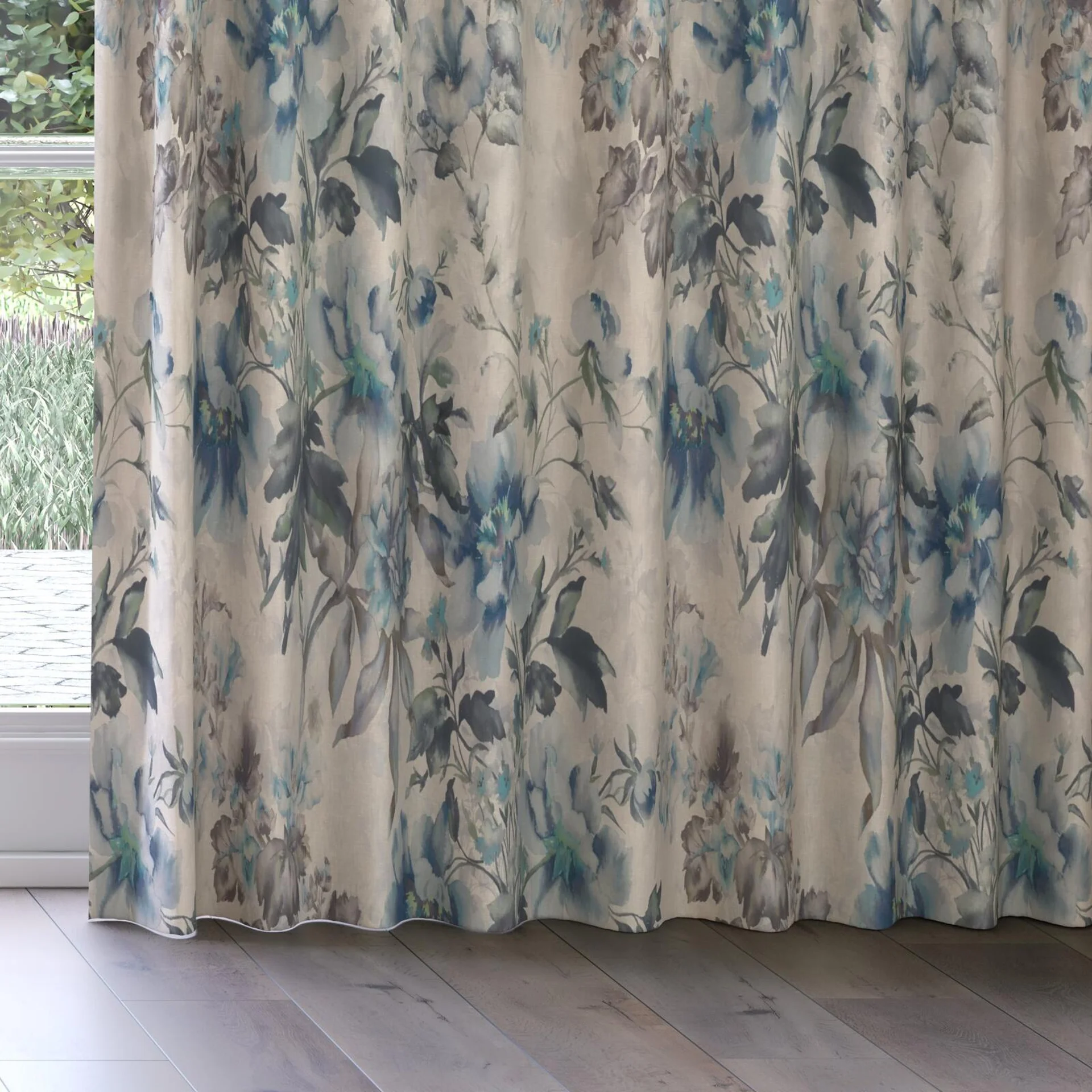 Bottom view of Leila Indigo, on curtain rail