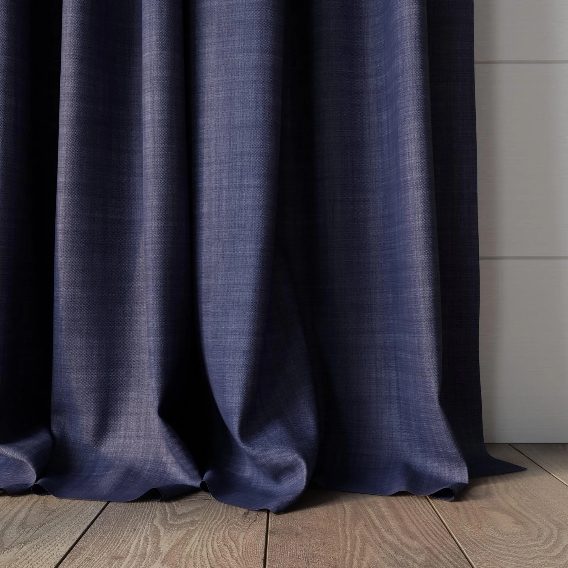 Bottom view of Loci Dim Out Denim, puddled, on curtain rod