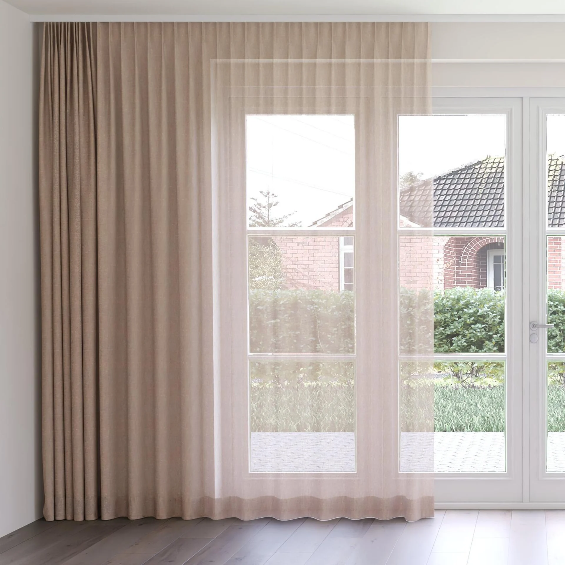 Front view of Gesso Lino Amber, on curtain rail