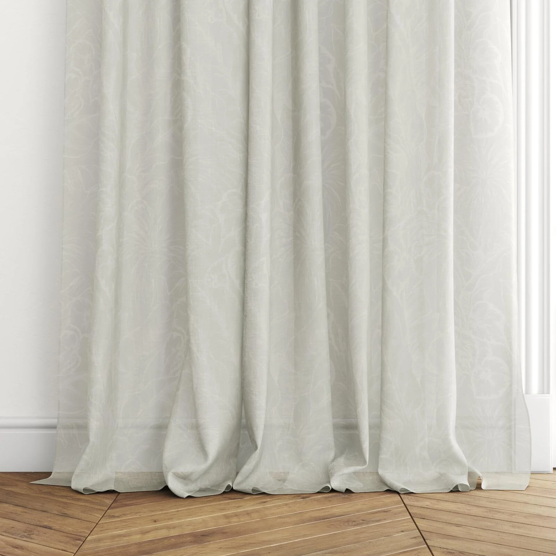 Bottom view of Palmery Willow, puddled with pinch pleat, on curtain rod