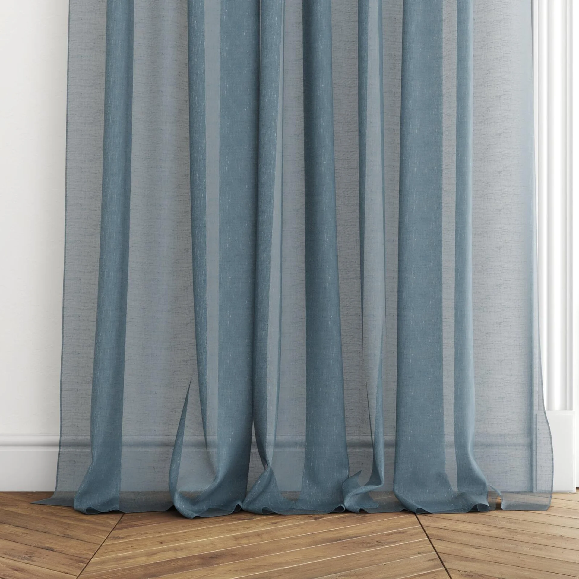 Bottom view of Graceful Storm, puddled with pinch pleat, on curtain rod