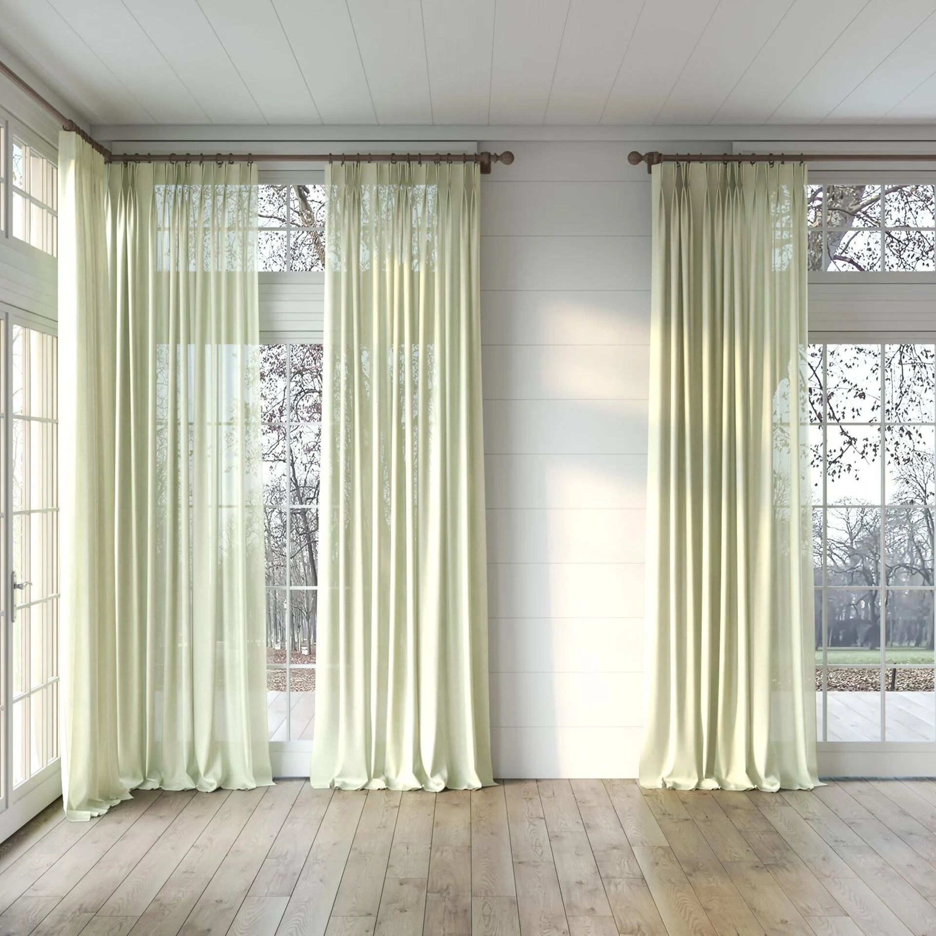 Full view of Flo II Moss, puddled, on curtain rod