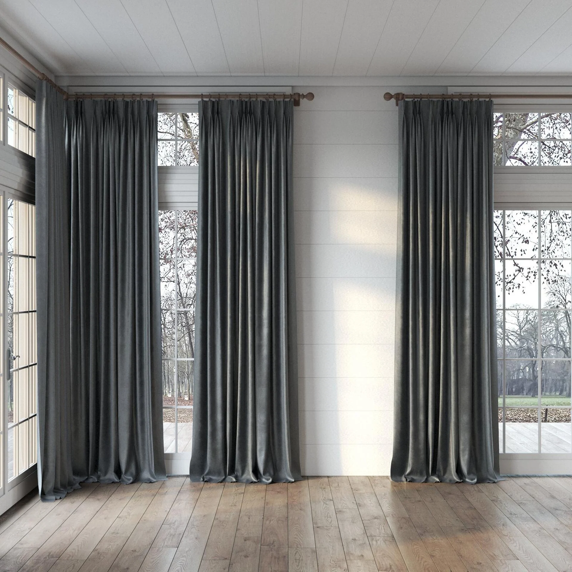 Full view of Velvelux Pewter, puddled, on curtain rod