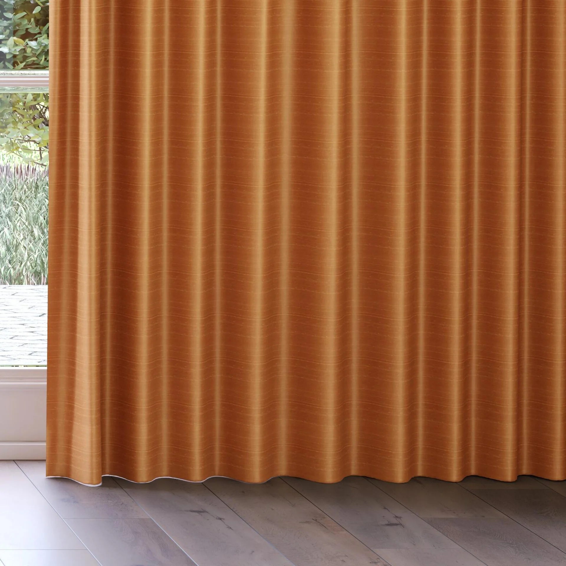 Bottom view of Silky Silky Terracotta, on curtain rail