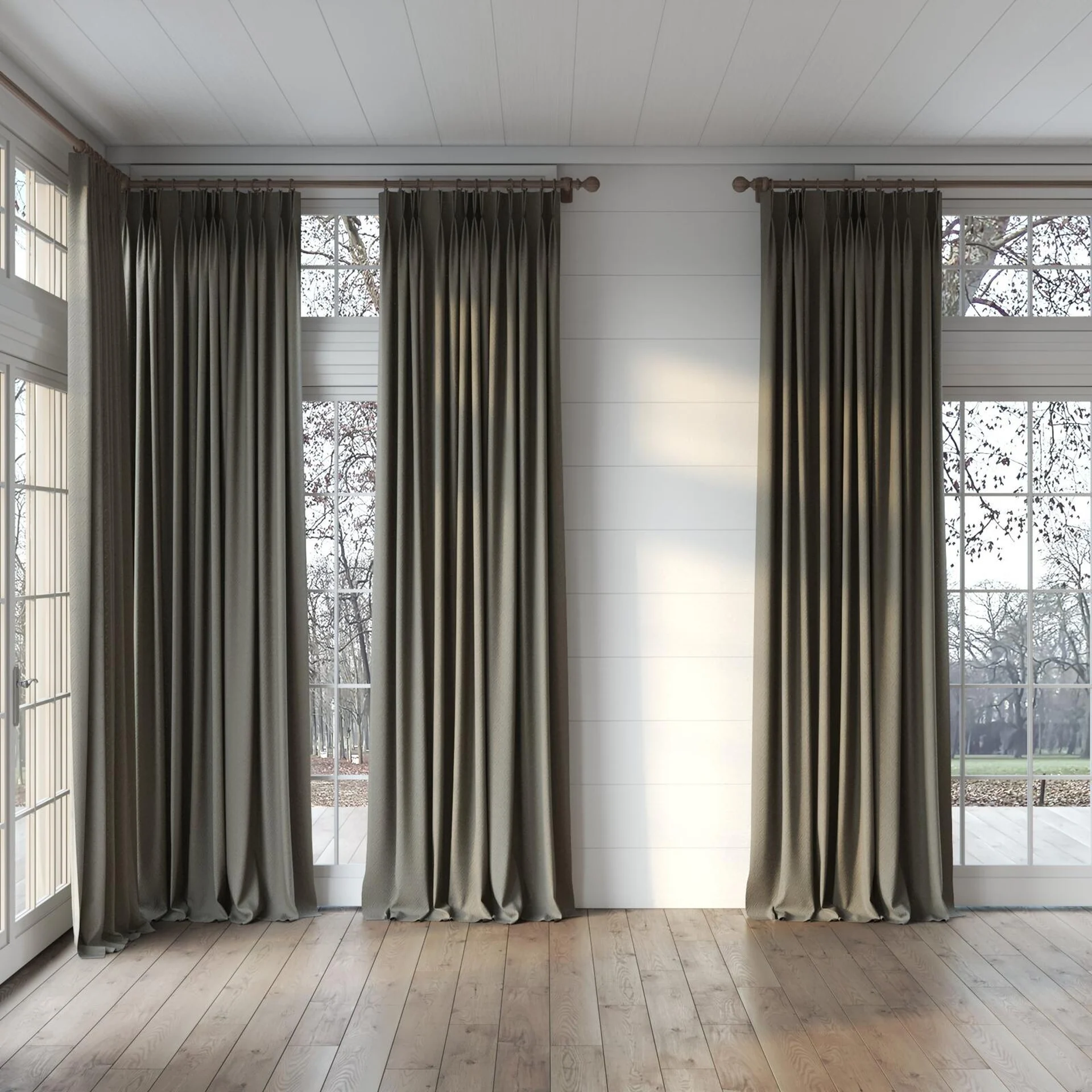 Full view of Senza Zirconium, puddled, on curtain rod