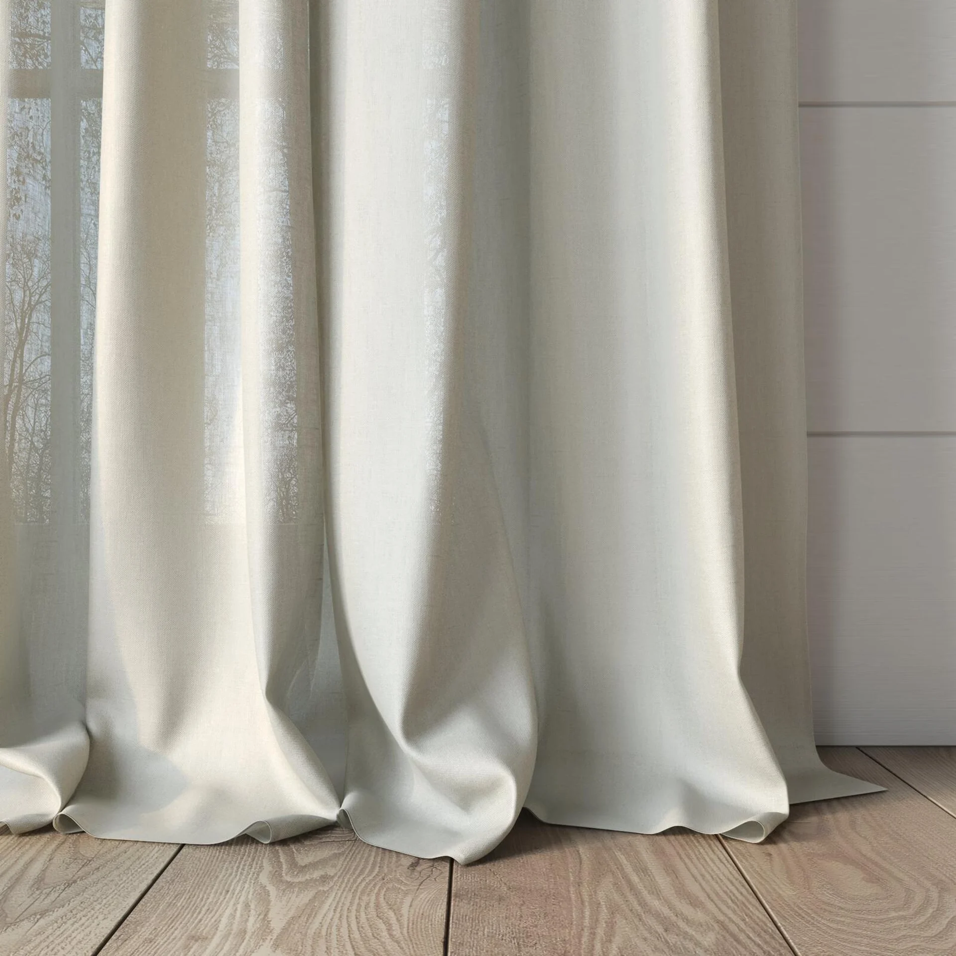 Bottom view of Linen Natural, puddled, on curtain rod
