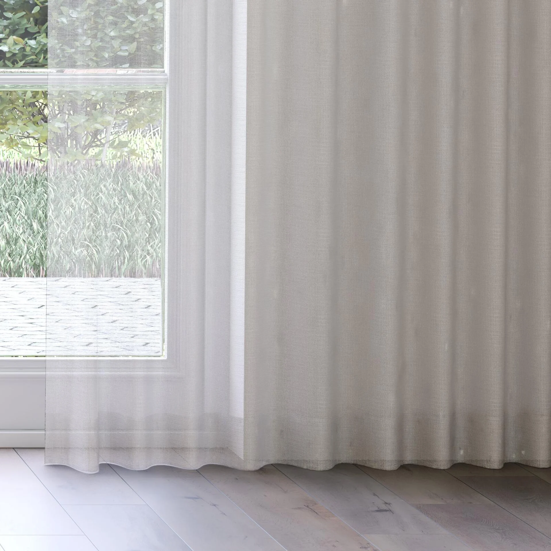 Bottom view of Radiant Linen, on curtain rail