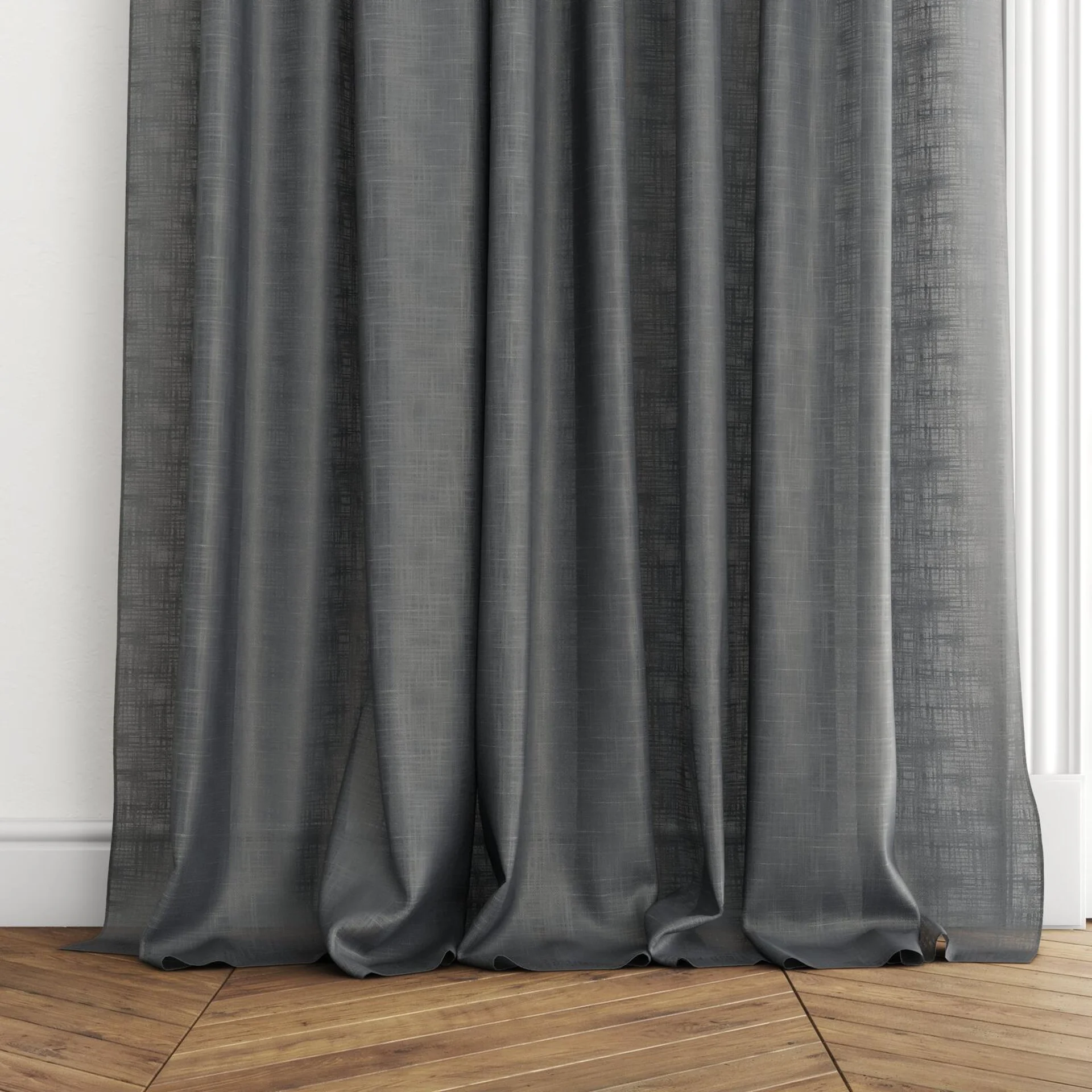 Bottom view of Charanga Raven, puddled with pinch pleat, on curtain rod