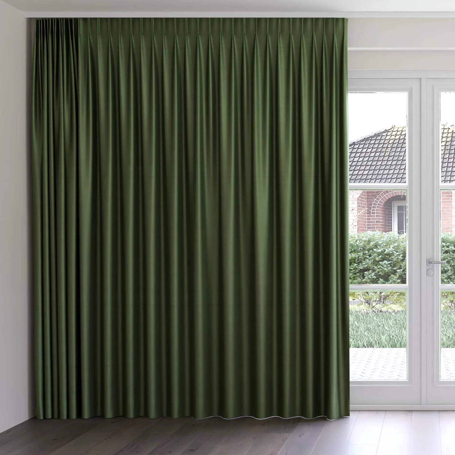 Front view of Warlock Olive, on curtain rail