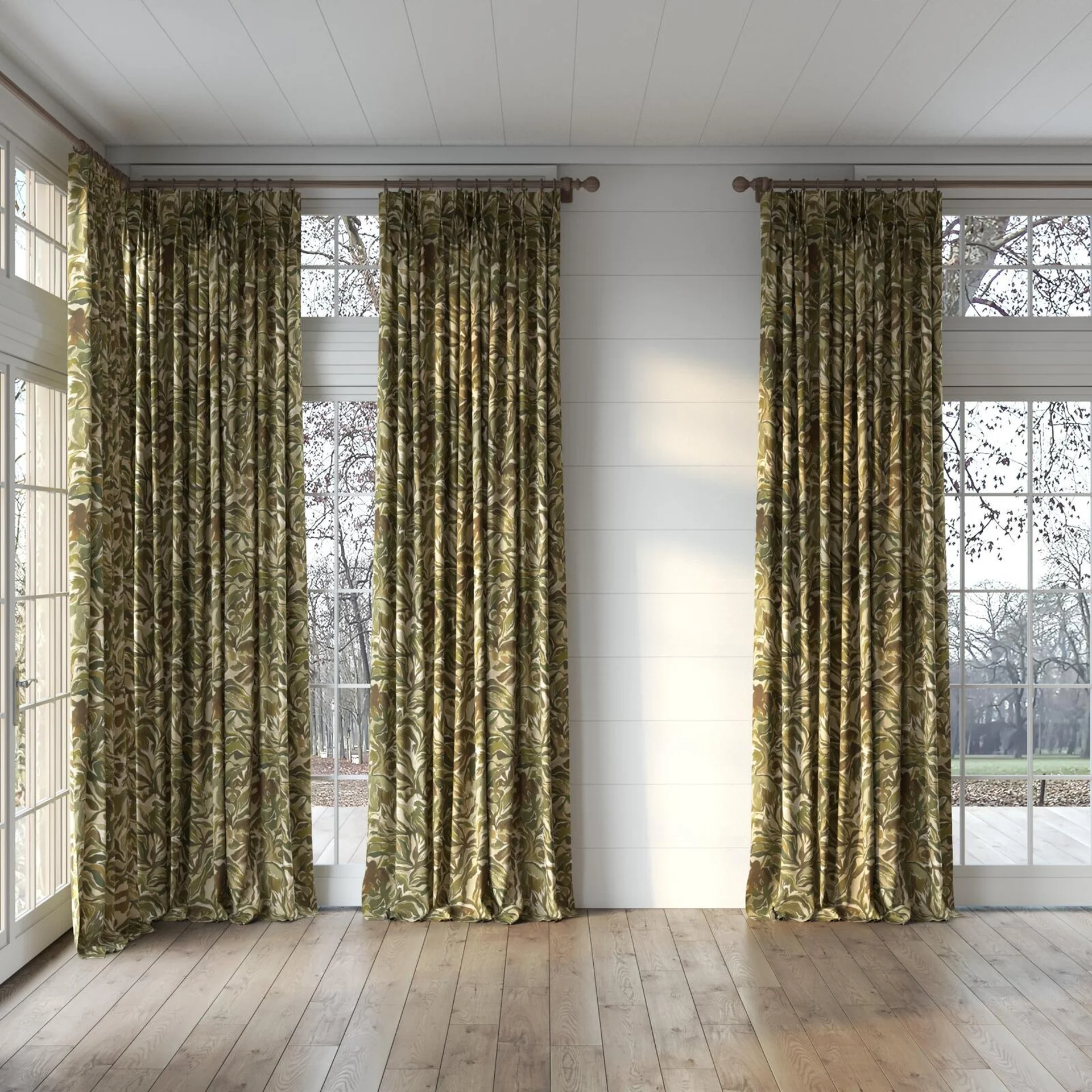 Full view of Grande Terre Jungle, puddled, on curtain rod
