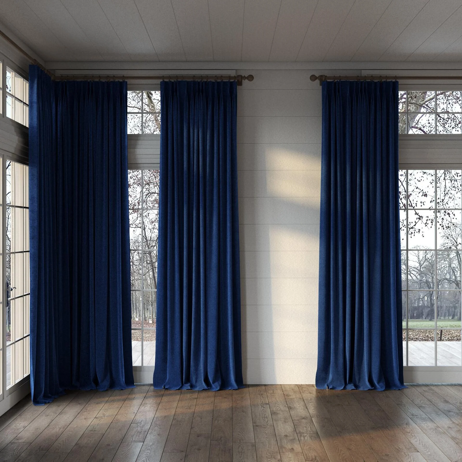 Full view of Geneva Cobalt, puddled, on curtain rod
