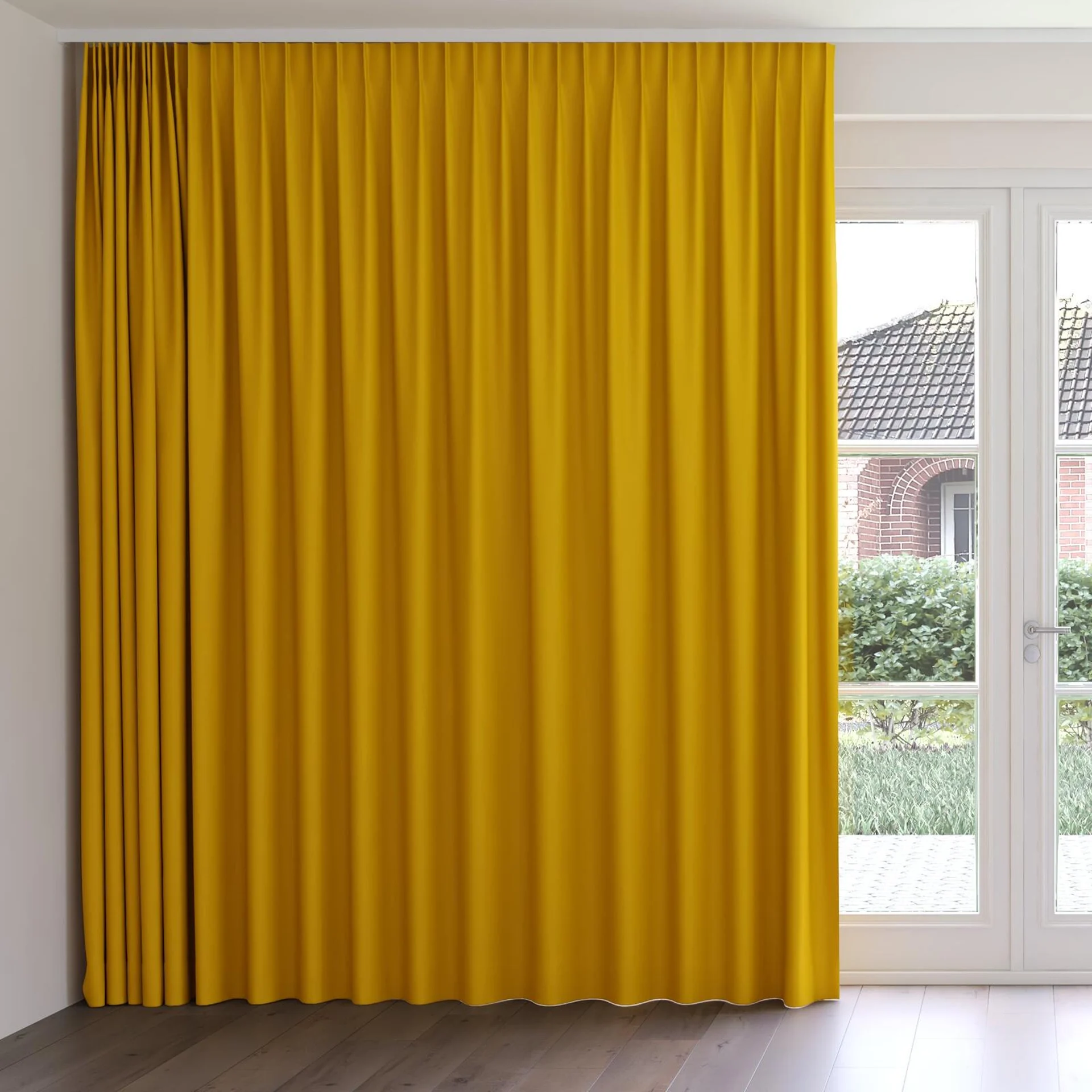 Front view of Vela Mustard, on curtain rail