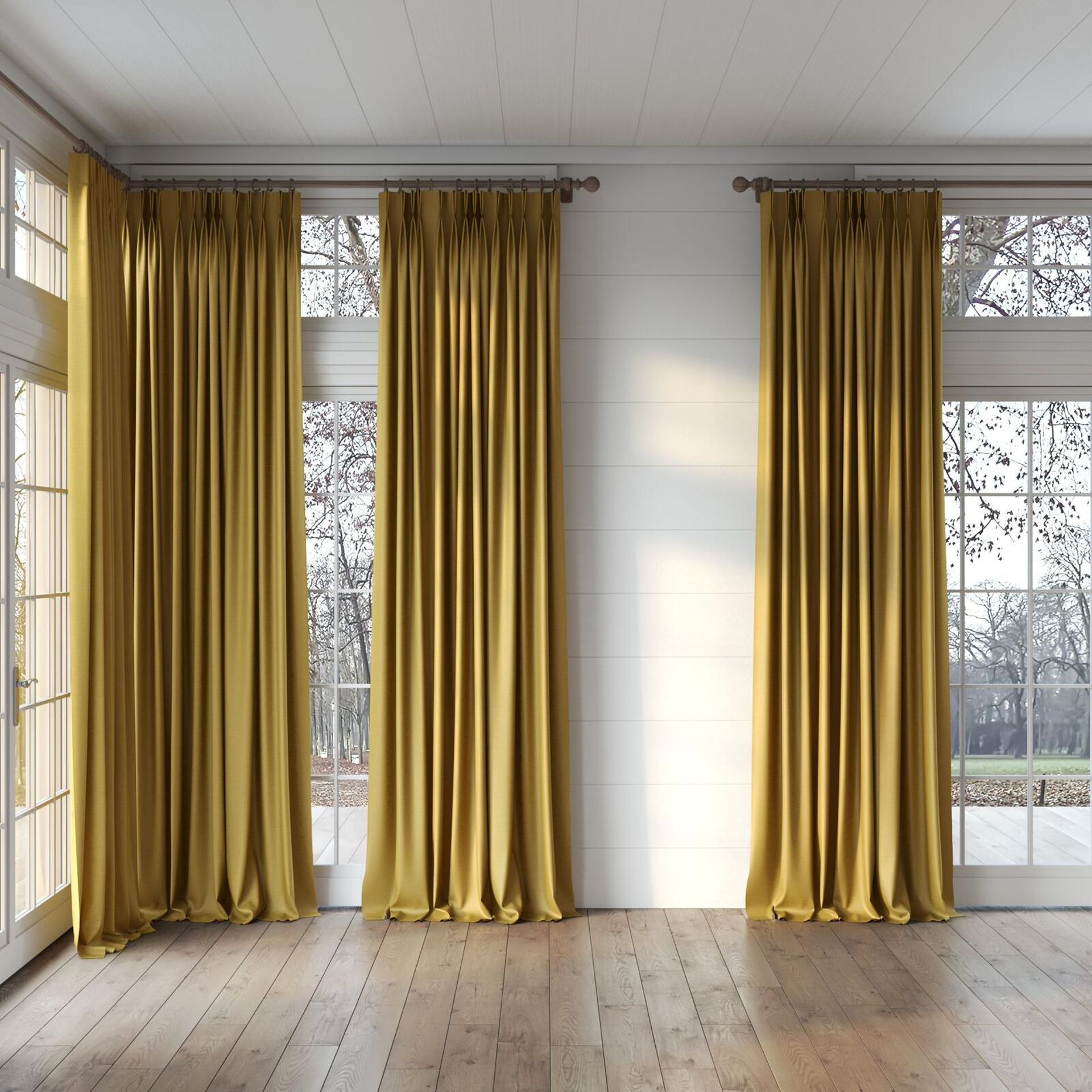 Full view of Re-Juvenate Gold, puddled, on curtain rod