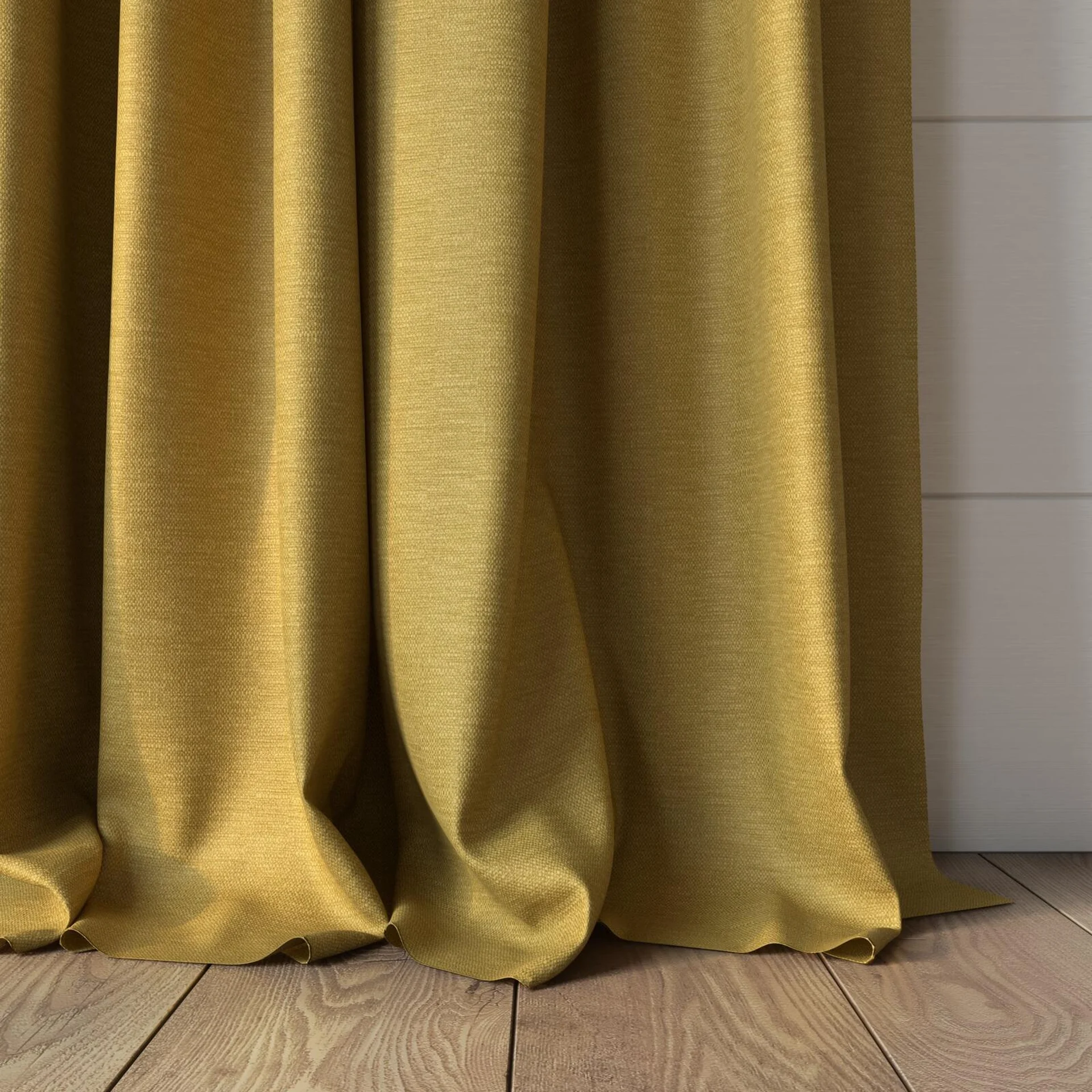 Bottom view of Colourwash Eco Gold, puddled, on curtain rod