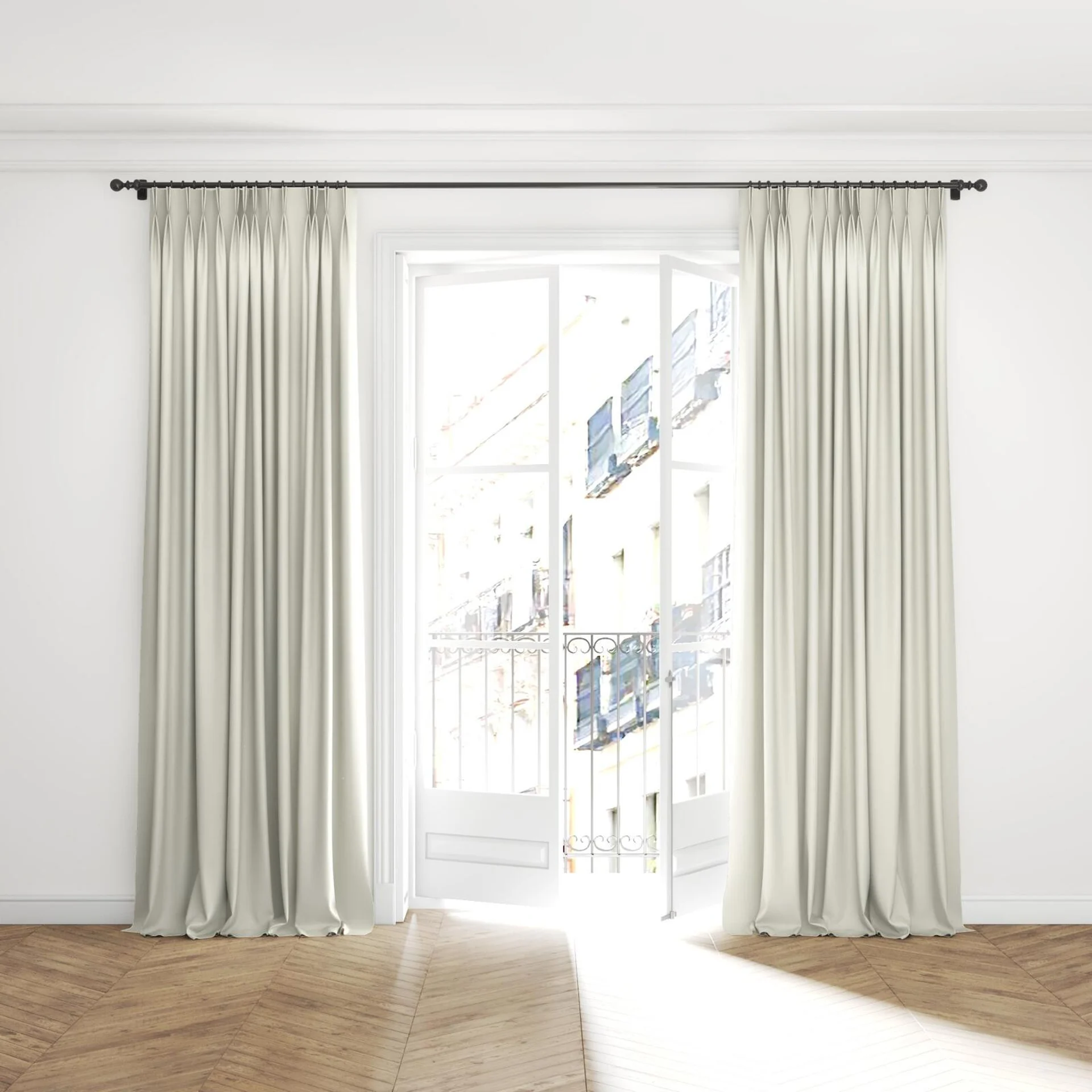 Full view of Colourwash Eco Natural, puddled with pinch pleat, on curtain rod