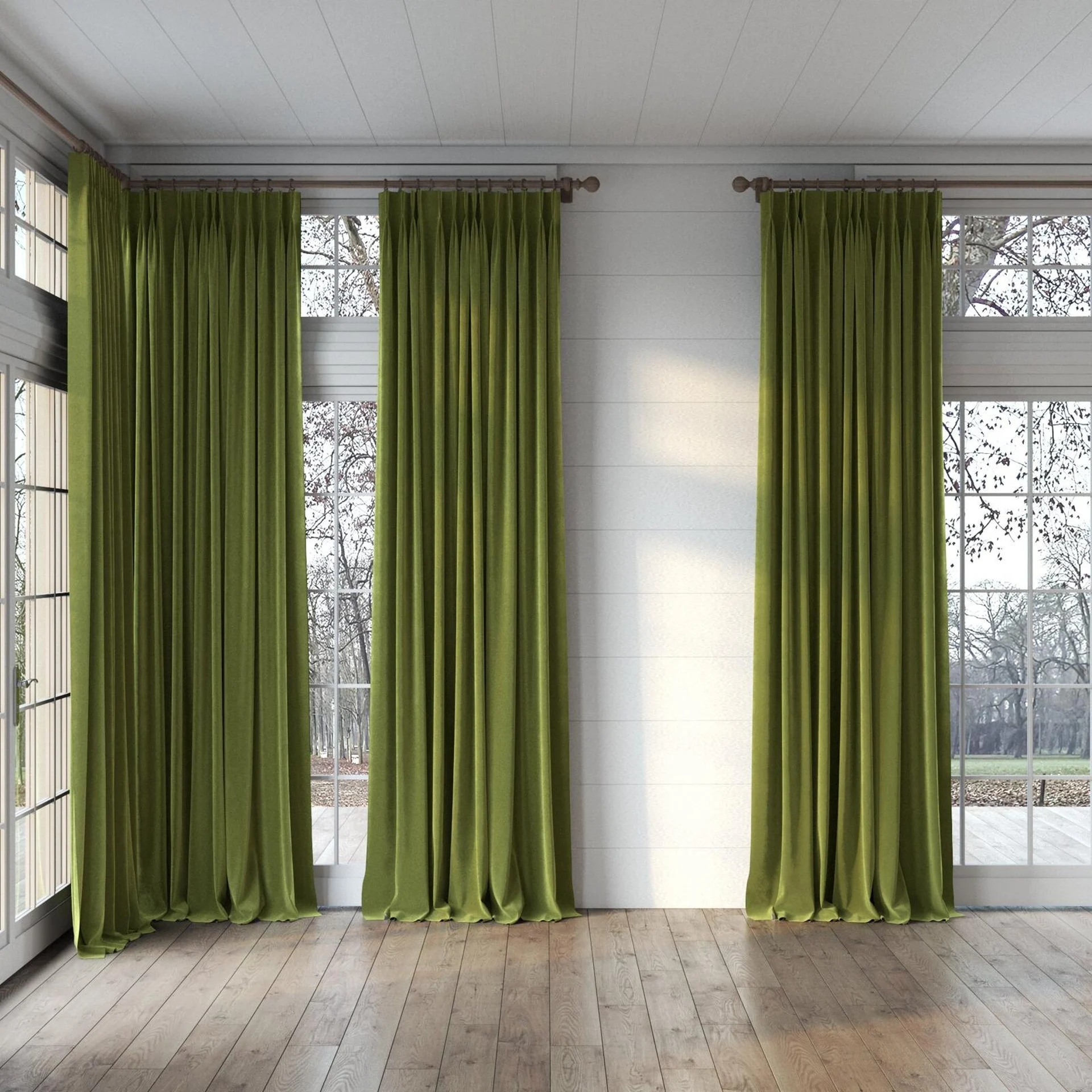 Full view of Vienna Orchard, puddled, on curtain rod