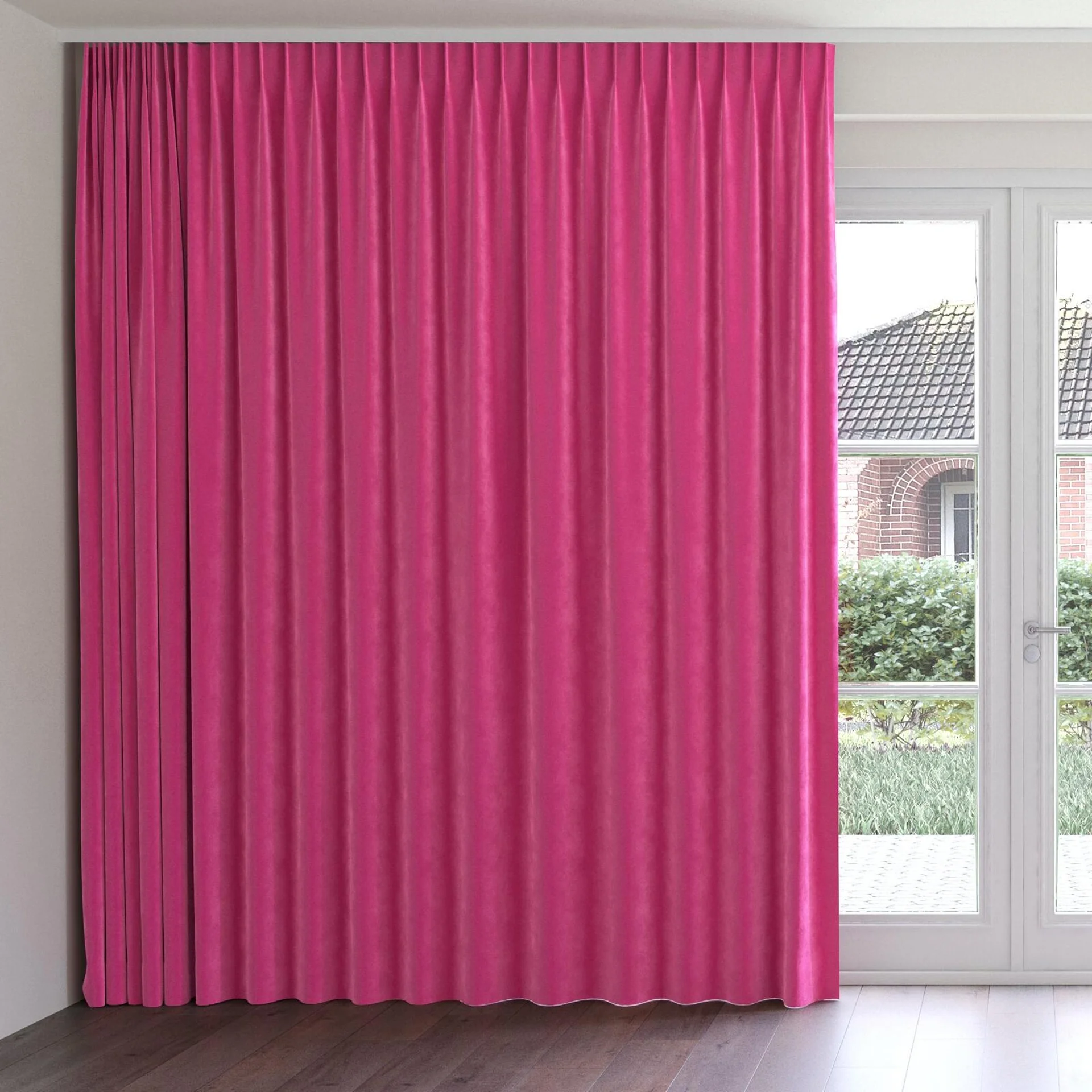 Front view of Lux Velvet Cerise 8509, on curtain rail