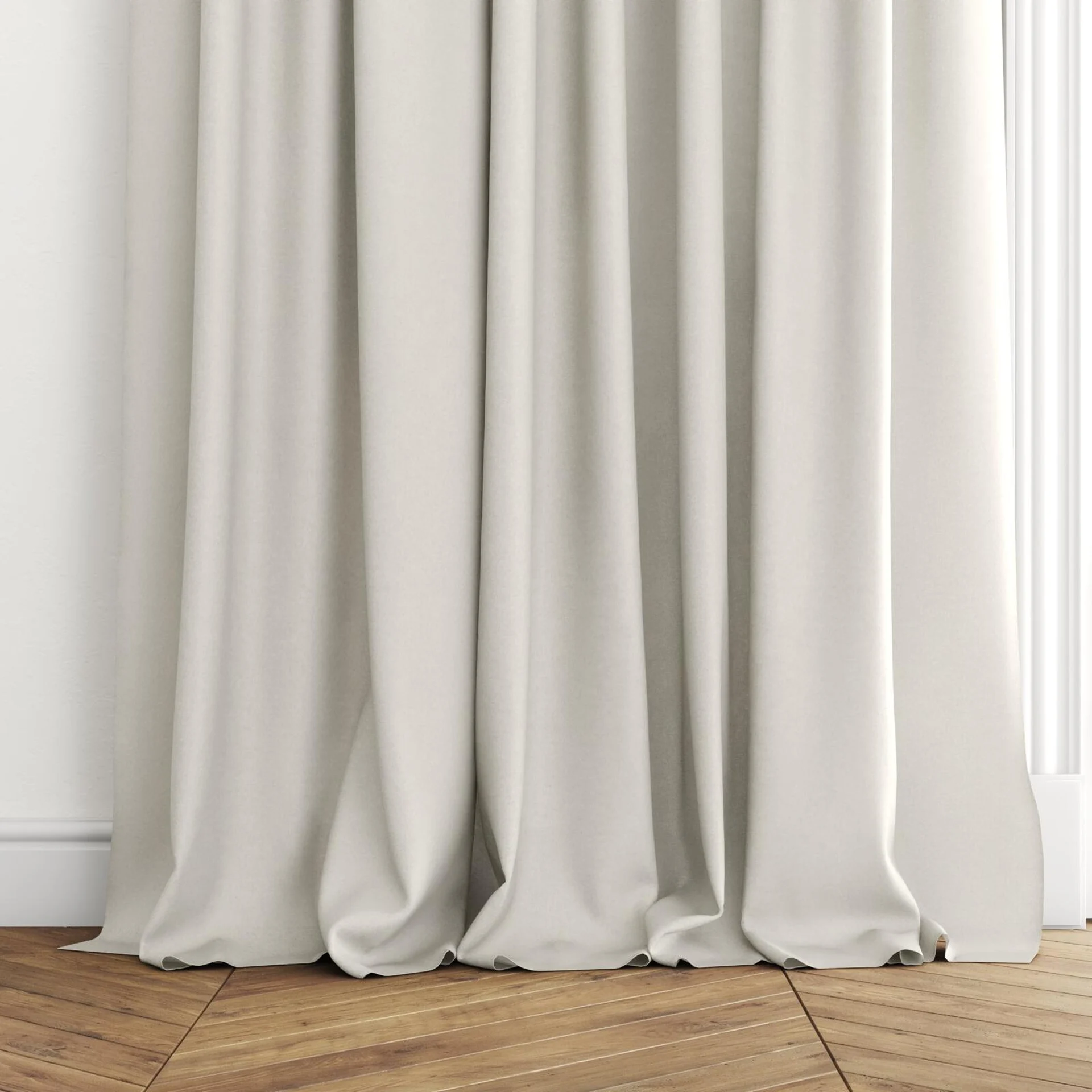 Bottom view of Pure Natural, puddled with pinch pleat, on curtain rod