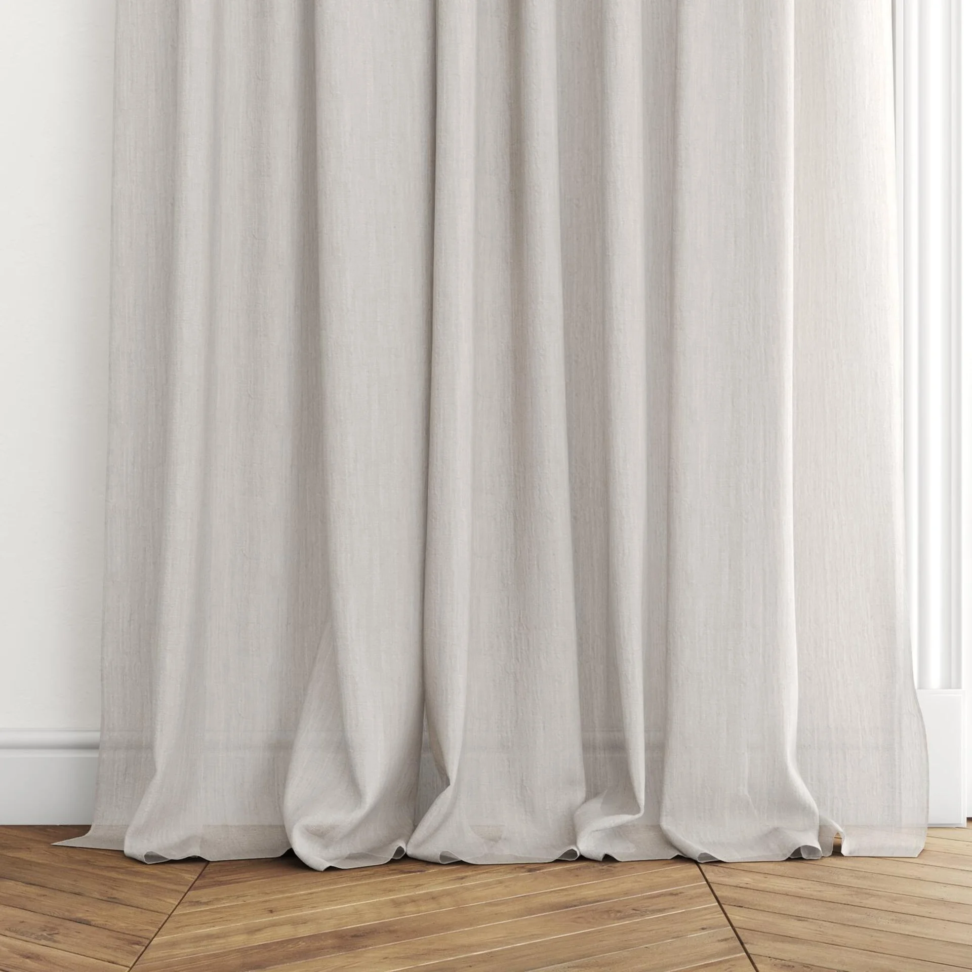 Bottom view of Illusion Dove Grey, puddled with pinch pleat, on curtain rod