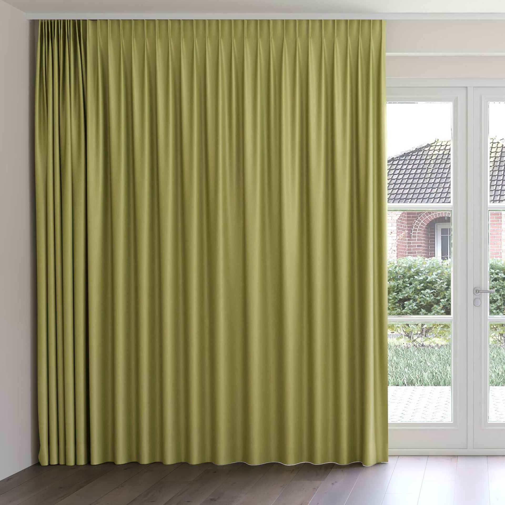 Front view of Re-Boot Pistachio, on curtain rail
