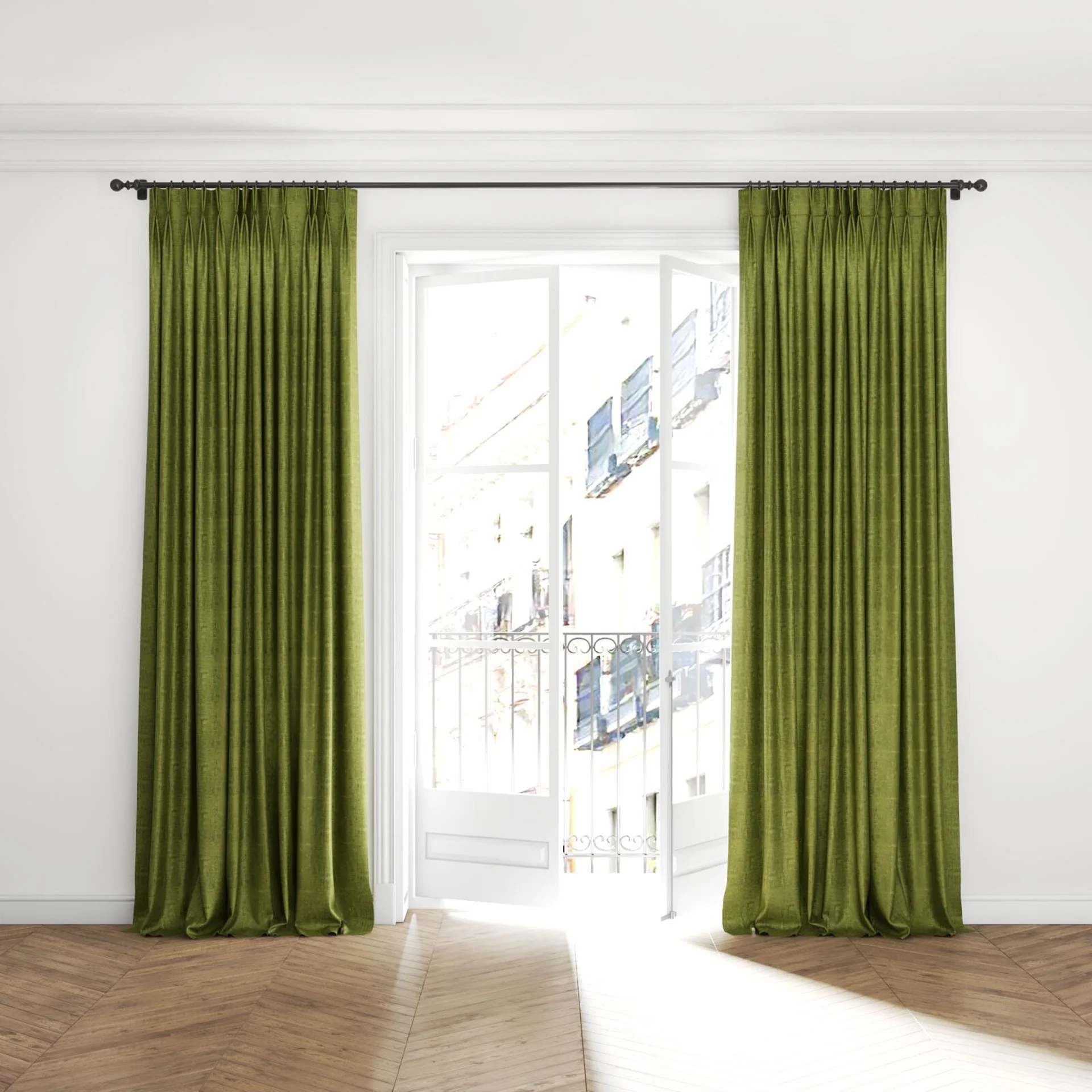 Full view of Gloria Oasis, puddled with pinch pleat, on curtain rod