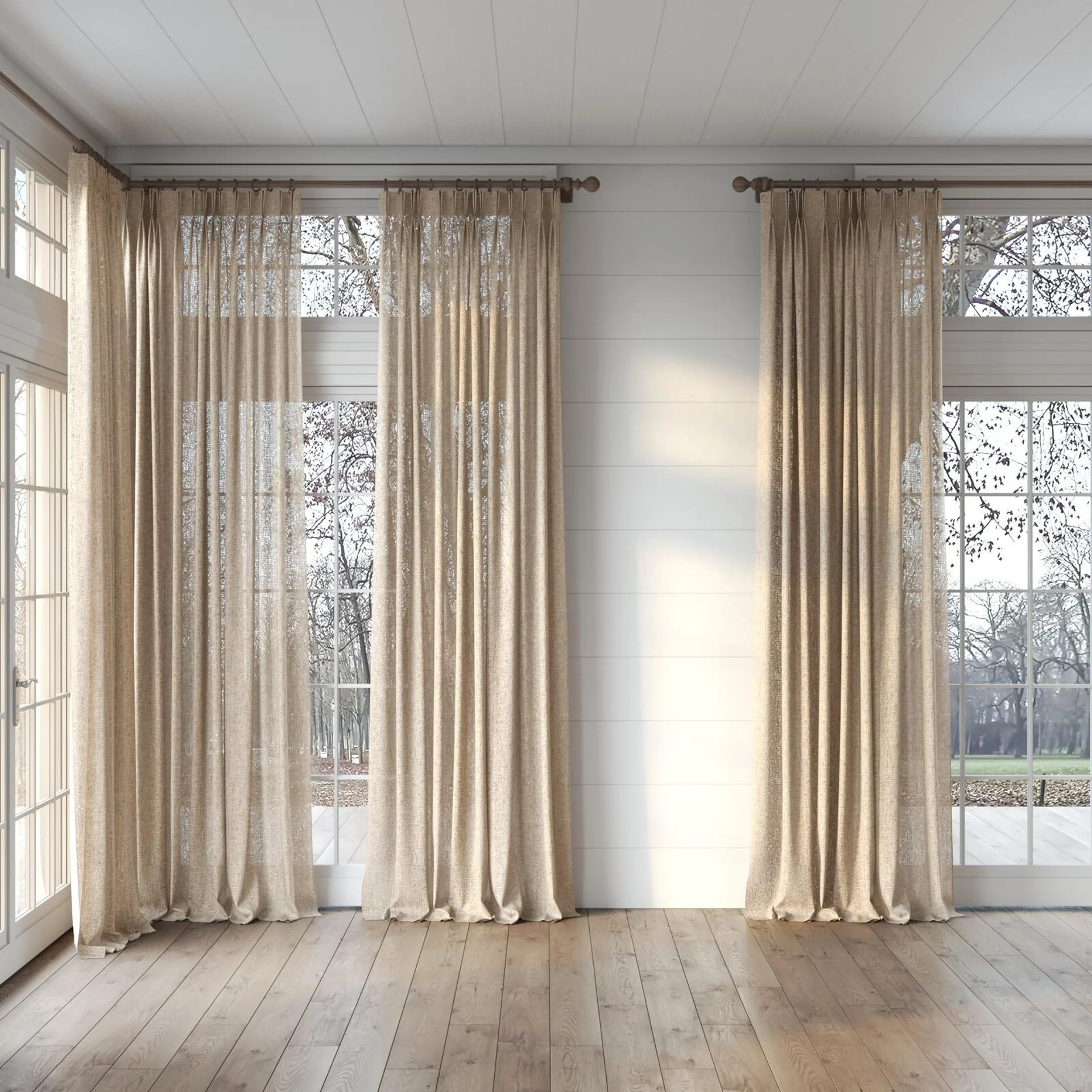 Full view of Handloom Linen, puddled, on curtain rod