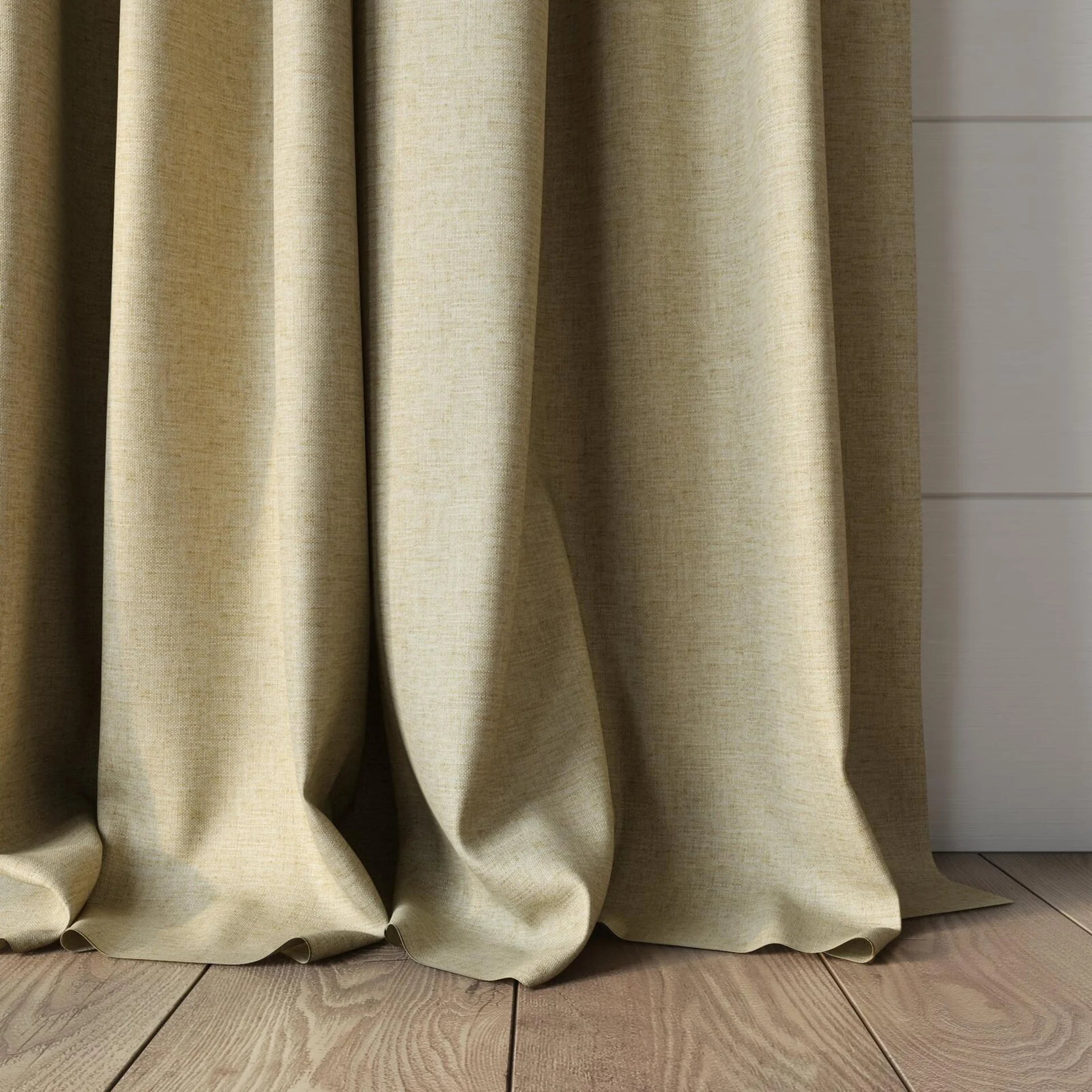 Bottom view of Stonewall Blackout Tan, puddled, on curtain rod
