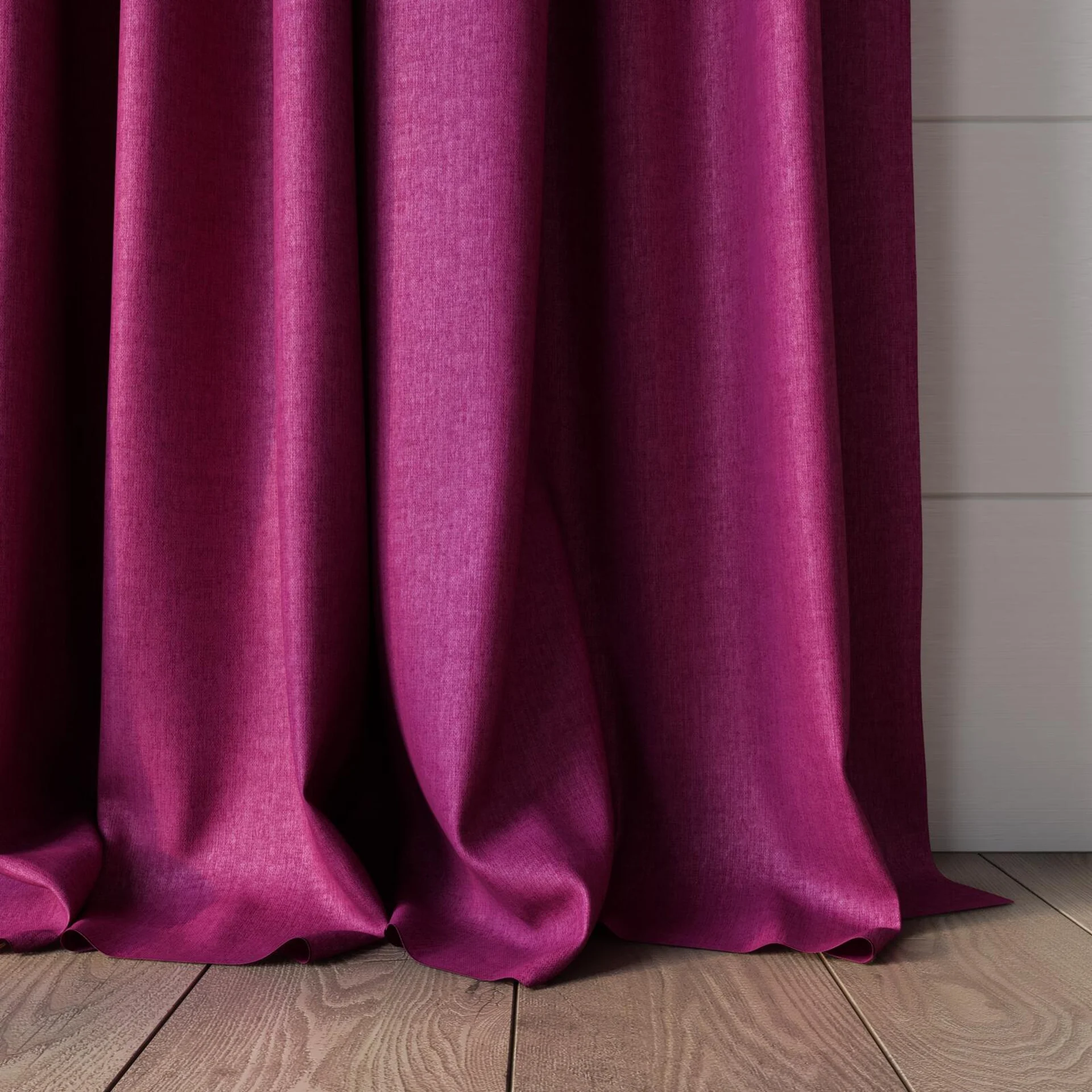 Bottom view of Cushy Fuchsia, puddled, on curtain rod