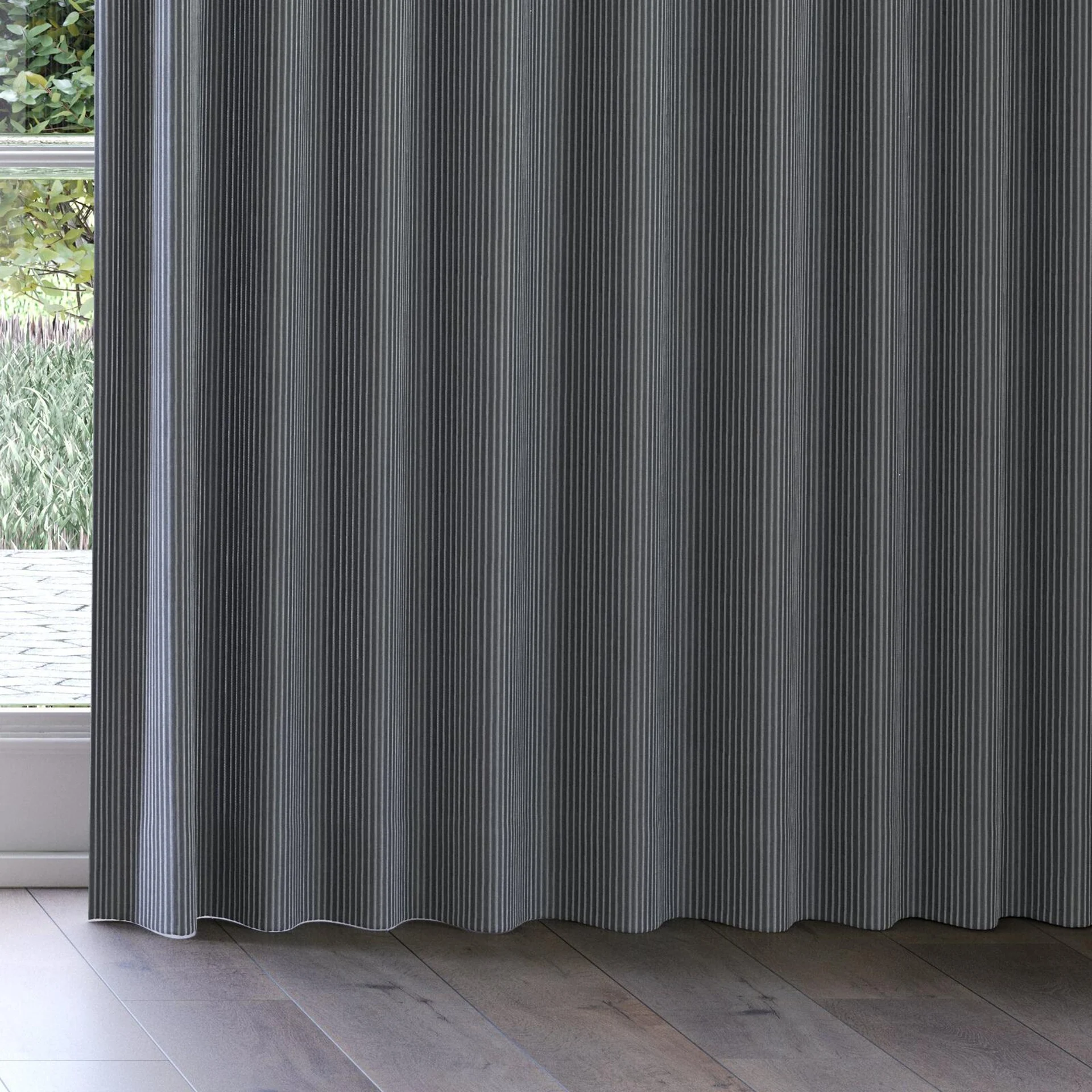 Bottom view of Embrace Charcoal, on curtain rail