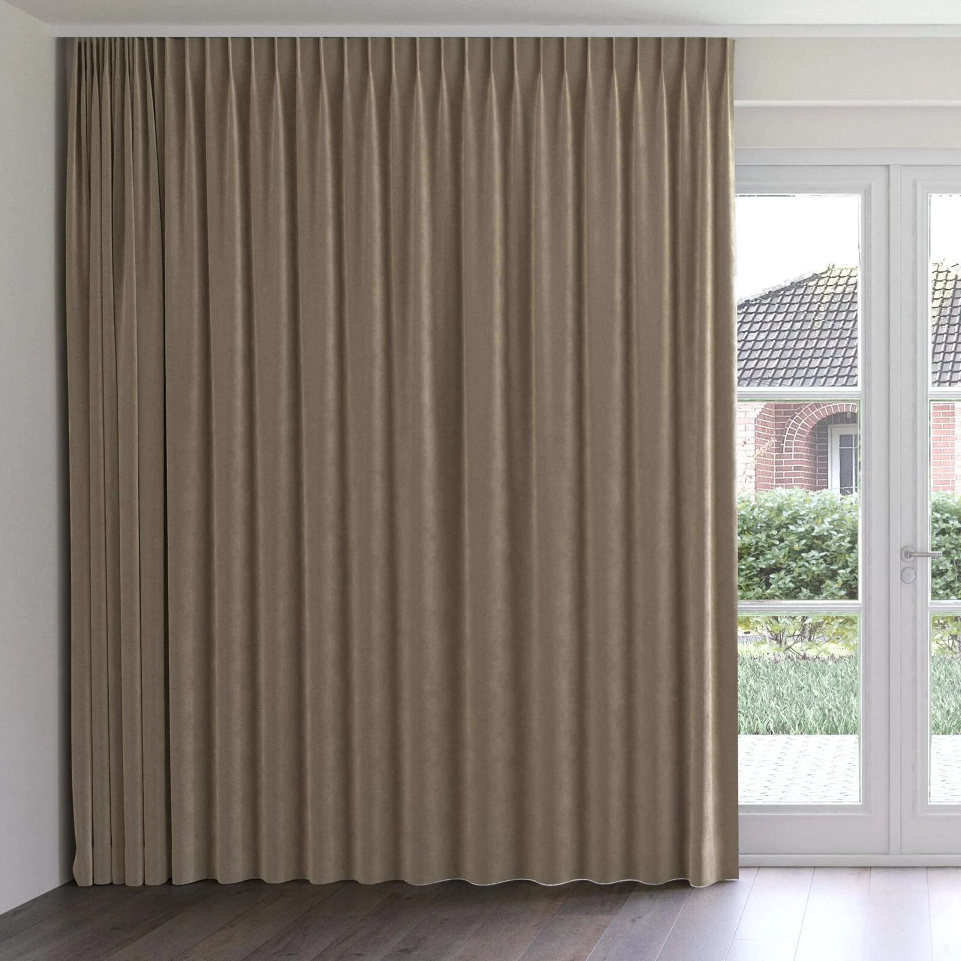 Front view of Vienna Taupe, on curtain rail