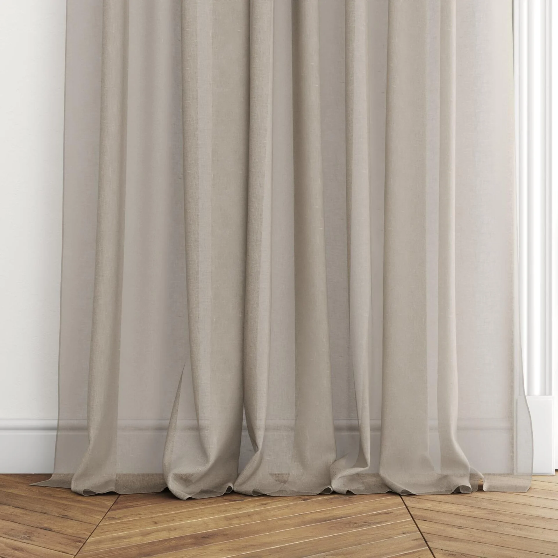 Bottom view of Kanji Linen, puddled with pinch pleat, on curtain rod